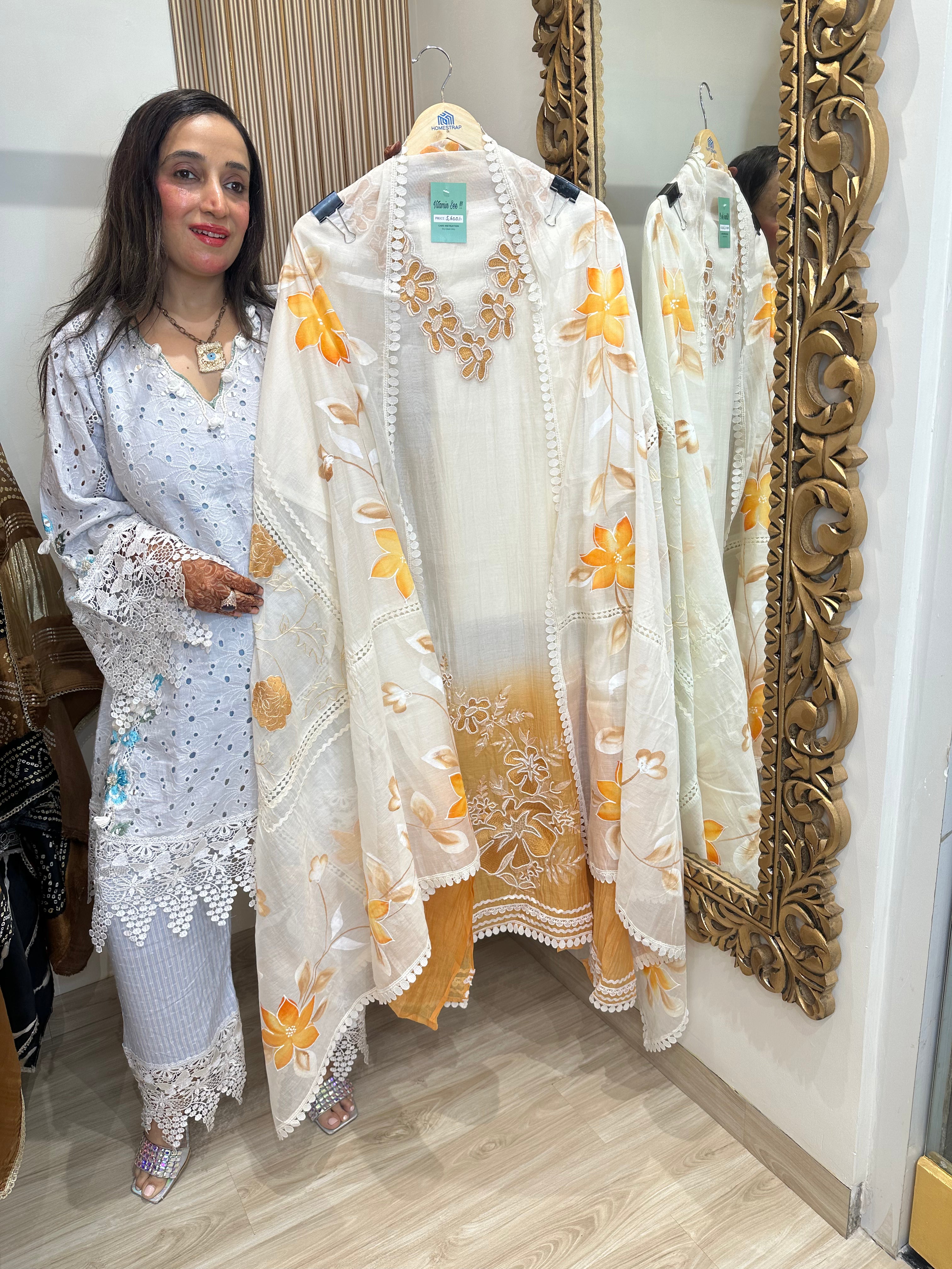 UNSTITCHED PURE DESIGNER MULMUL HANDWORK SUITS.