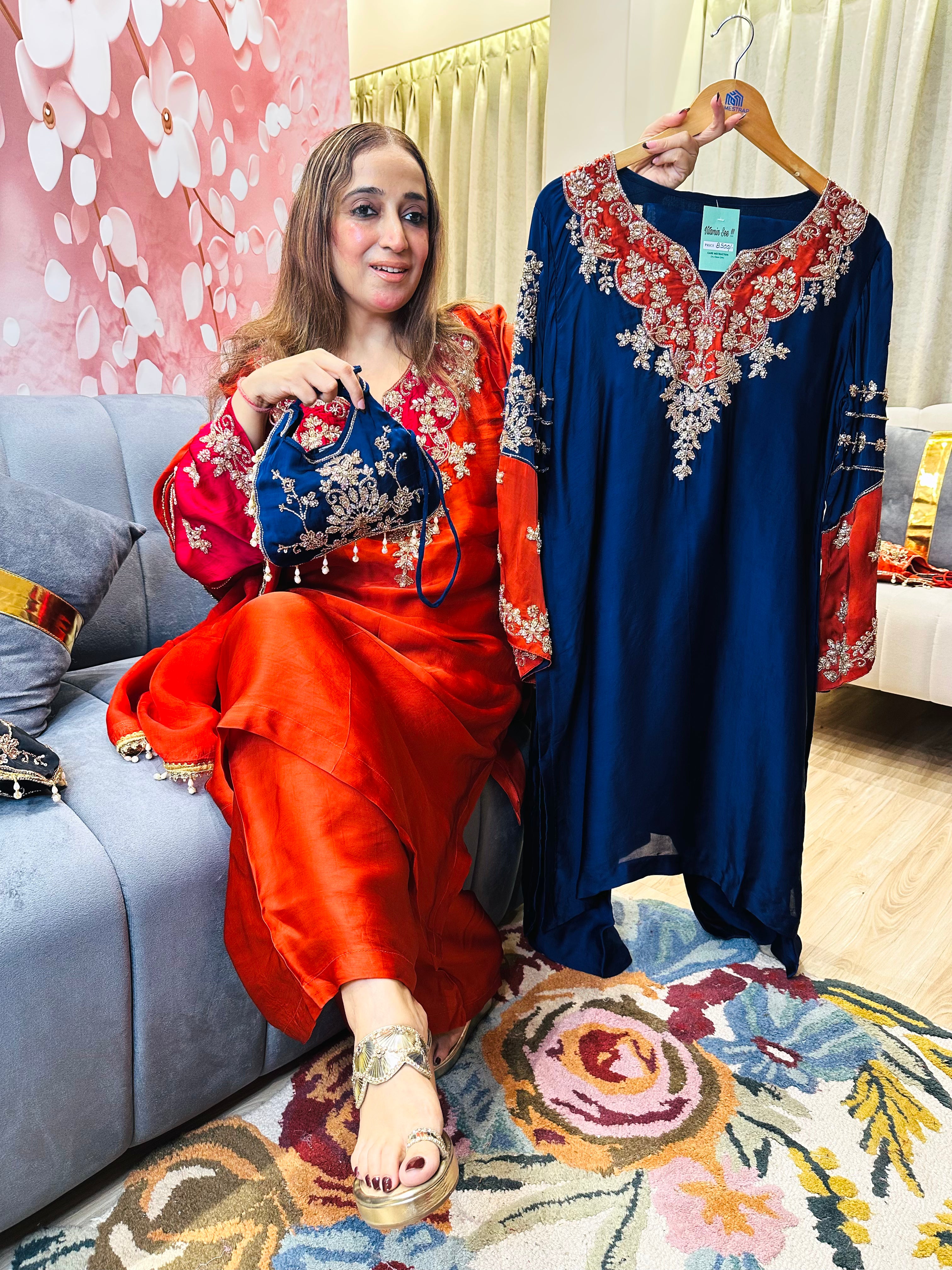 STITCHED  PURE RUSSIAN SATIN NALKI WORK SUITS.