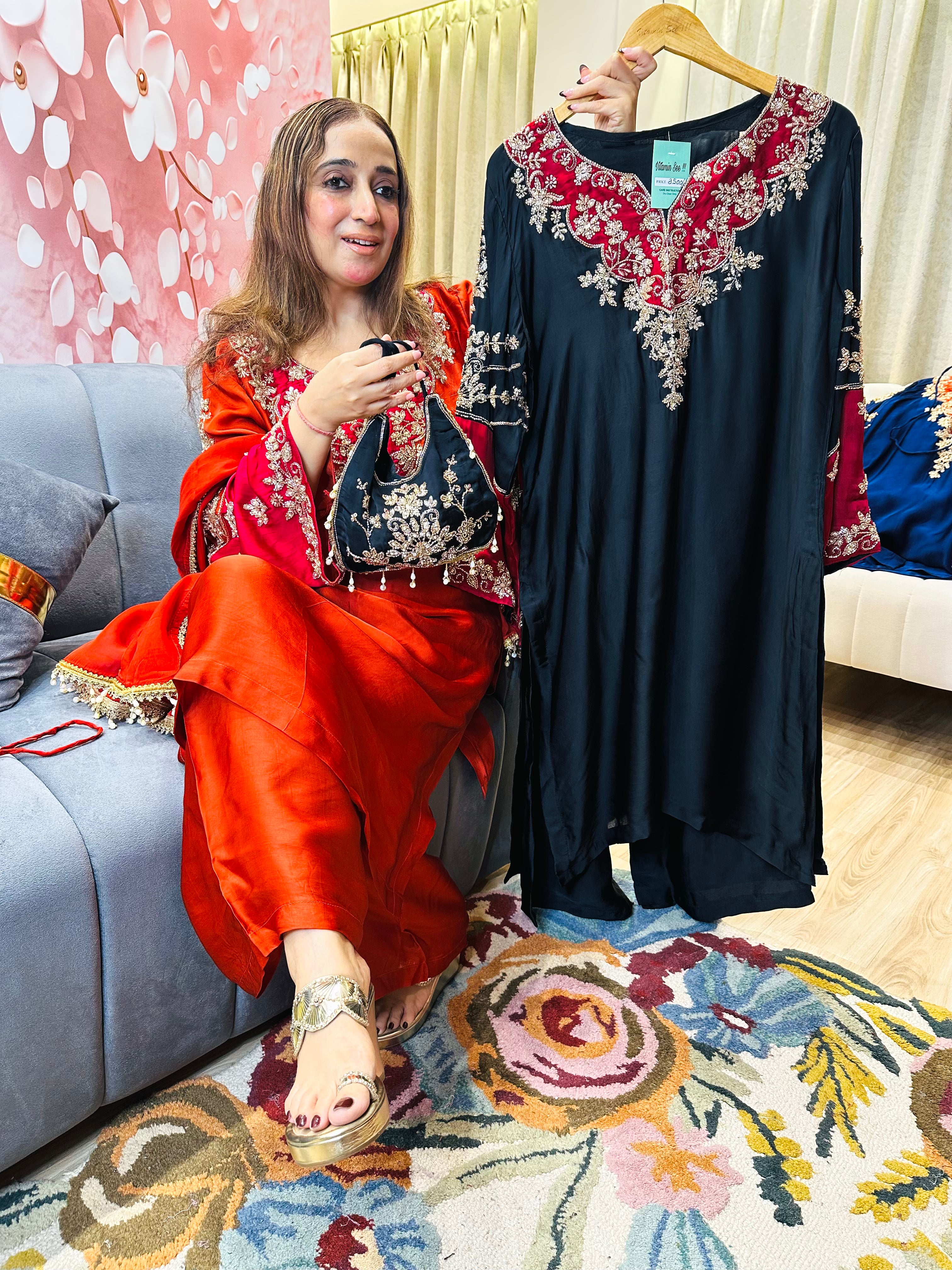 STITCHED  PURE RUSSIAN SATIN NALKI WORK SUITS.