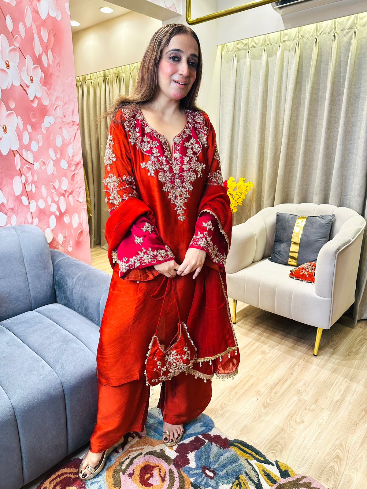 STITCHED  PURE RUSSIAN SATIN NALKI WORK SUITS.
