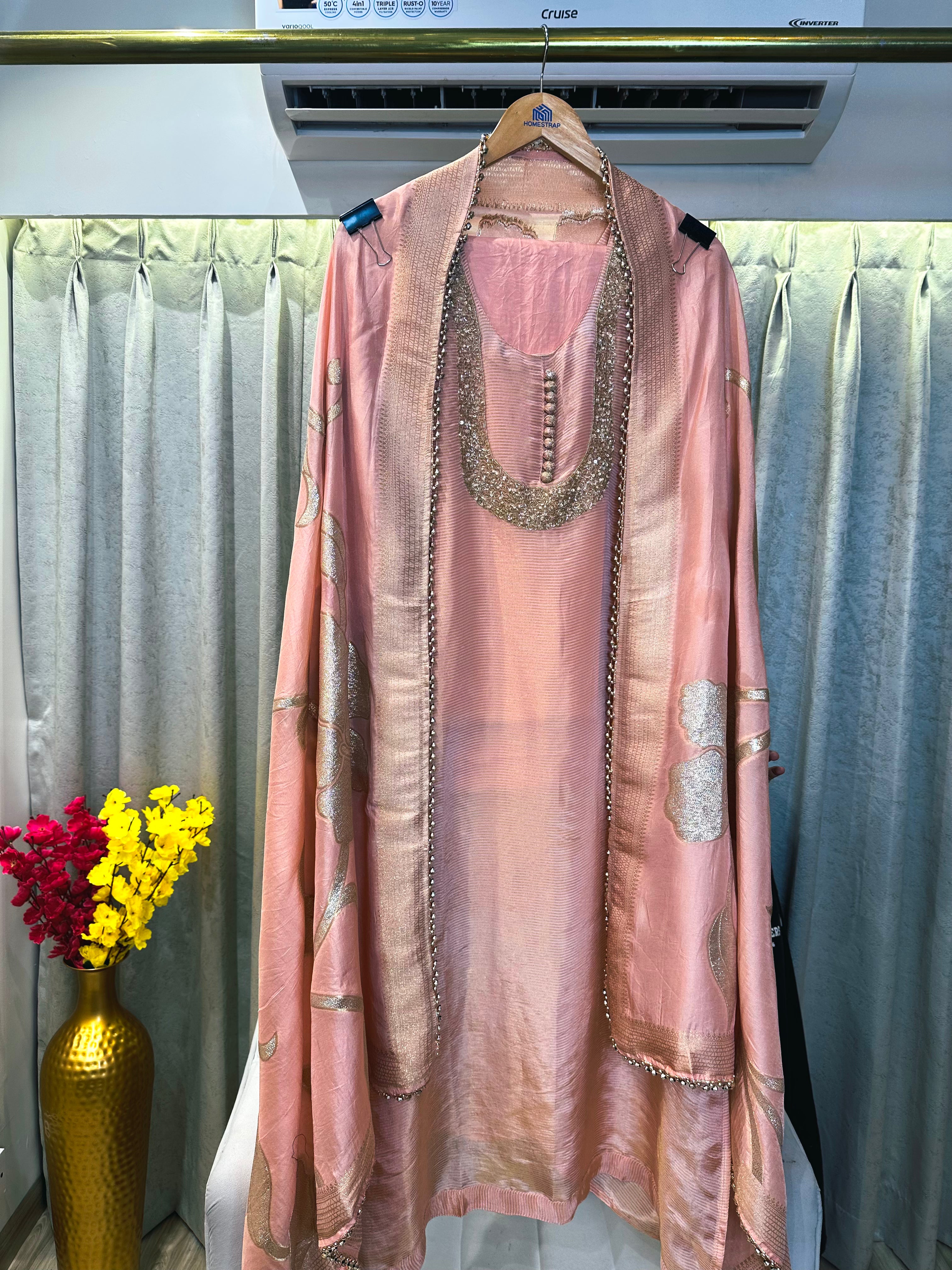 UNSTITCHED PURE SHIMMER SILK NALKI WORK SUITS.