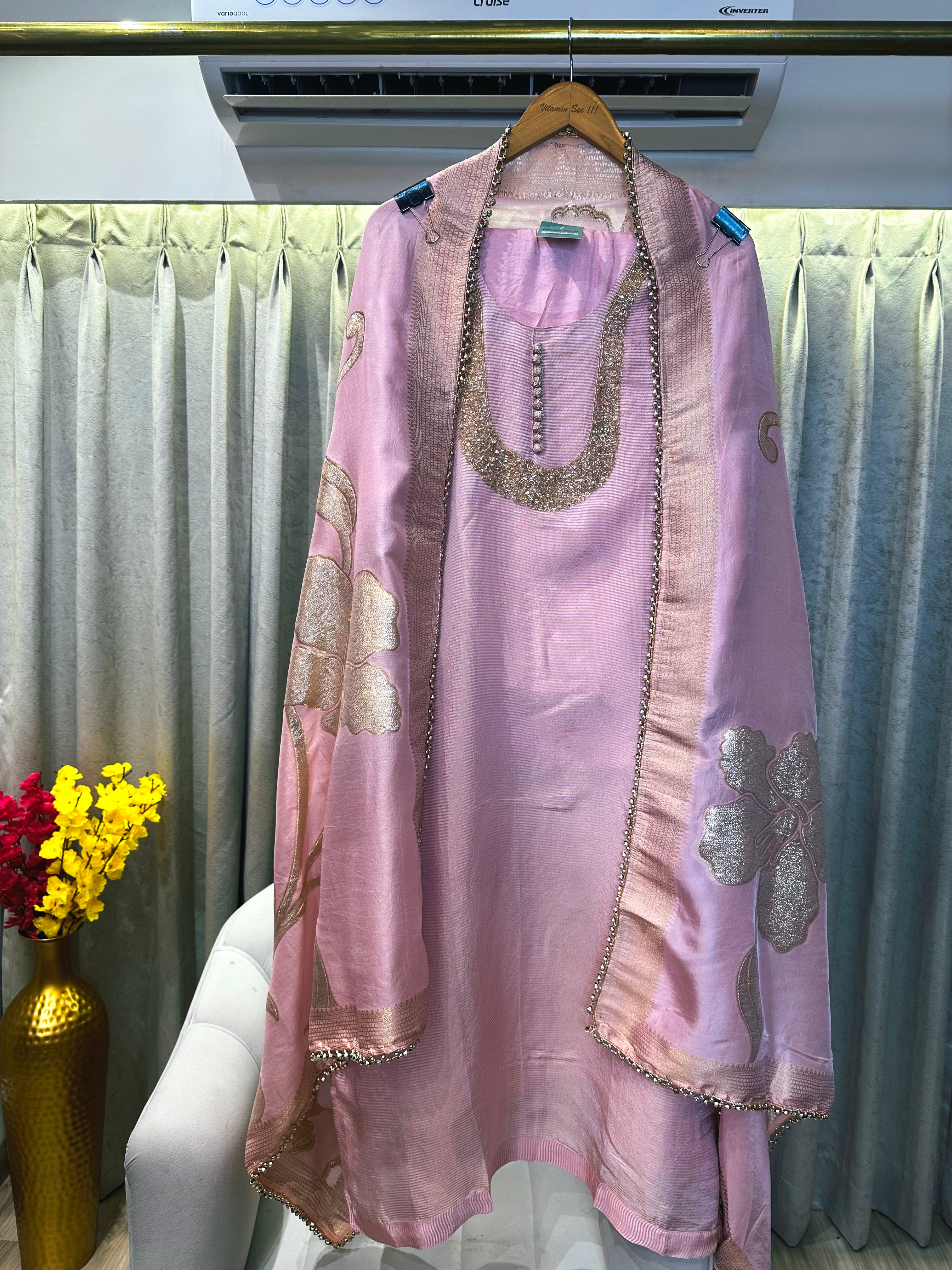 UNSTITCHED PURE SHIMMER SILK NALKI WORK SUITS.