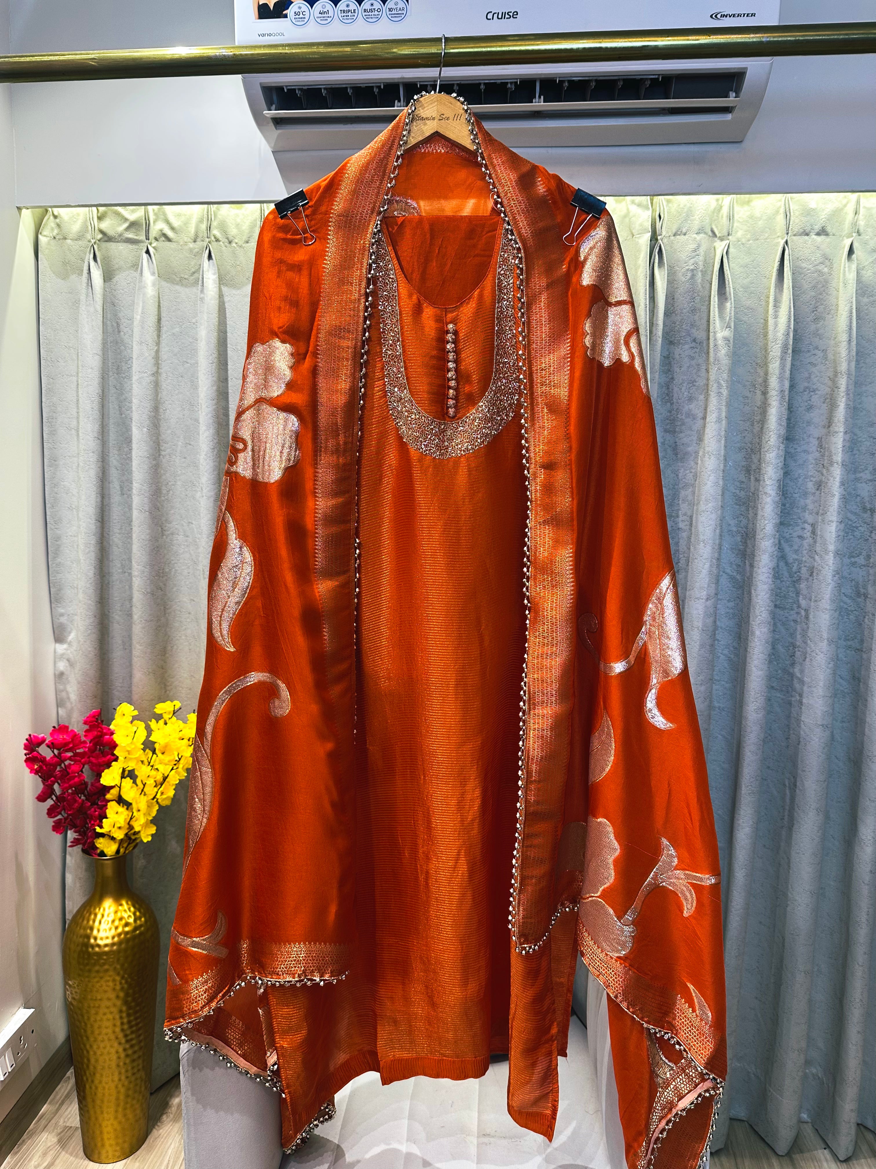 UNSTITCHED PURE SHIMMER SILK NALKI WORK SUITS.