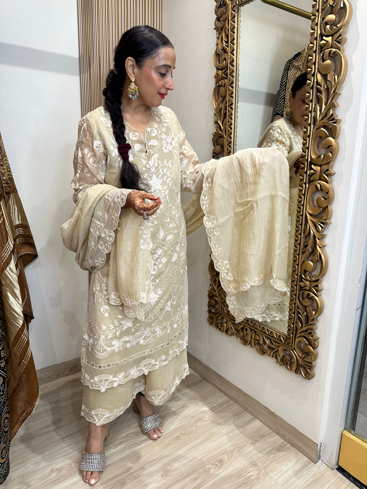 STITCHED PURE MULMUL CHANDERI CUTWORK SUITS.