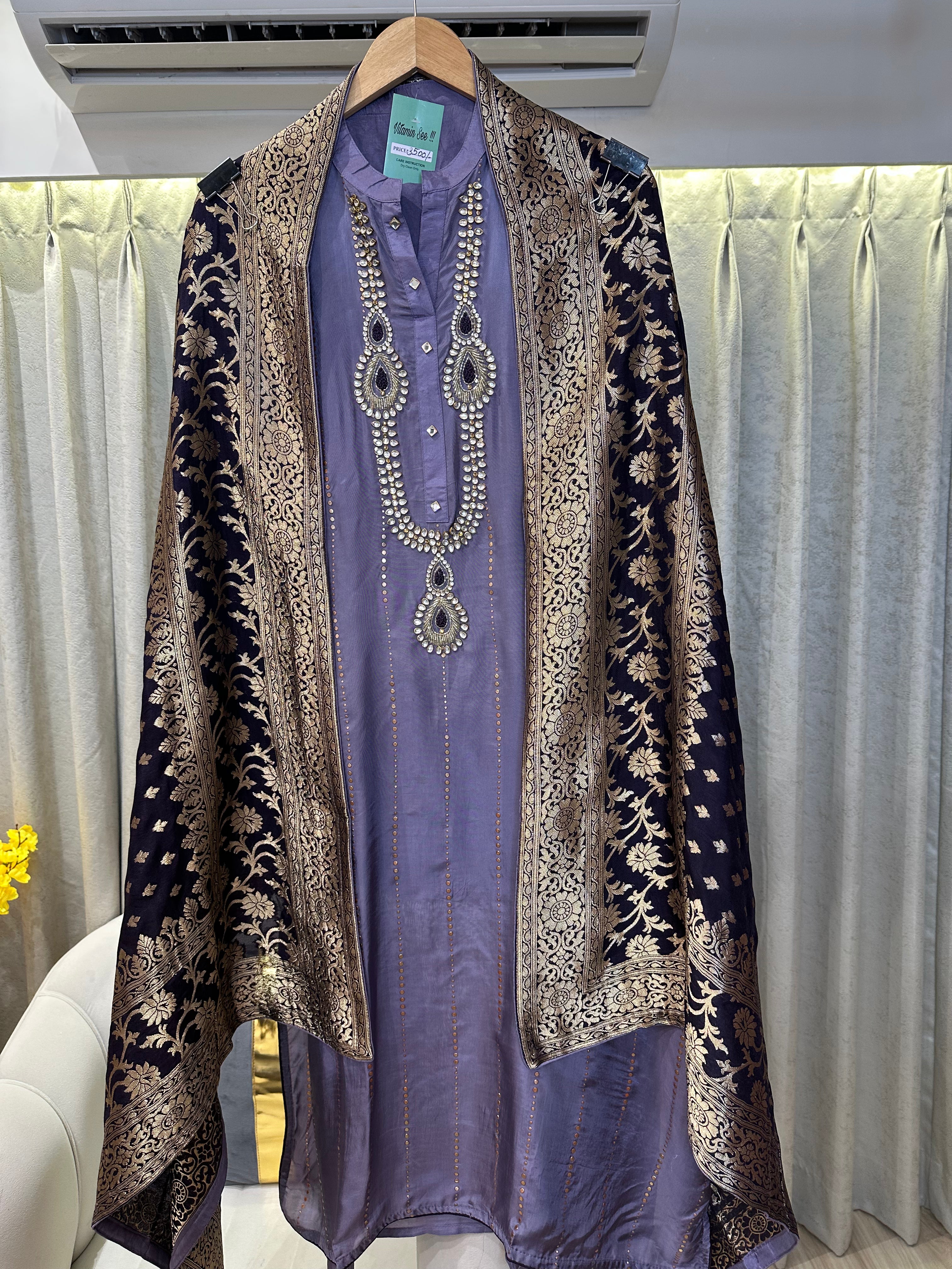 UNSTITCHED PURE RUSSIAN SILK KUNDAN WORK SUITS.