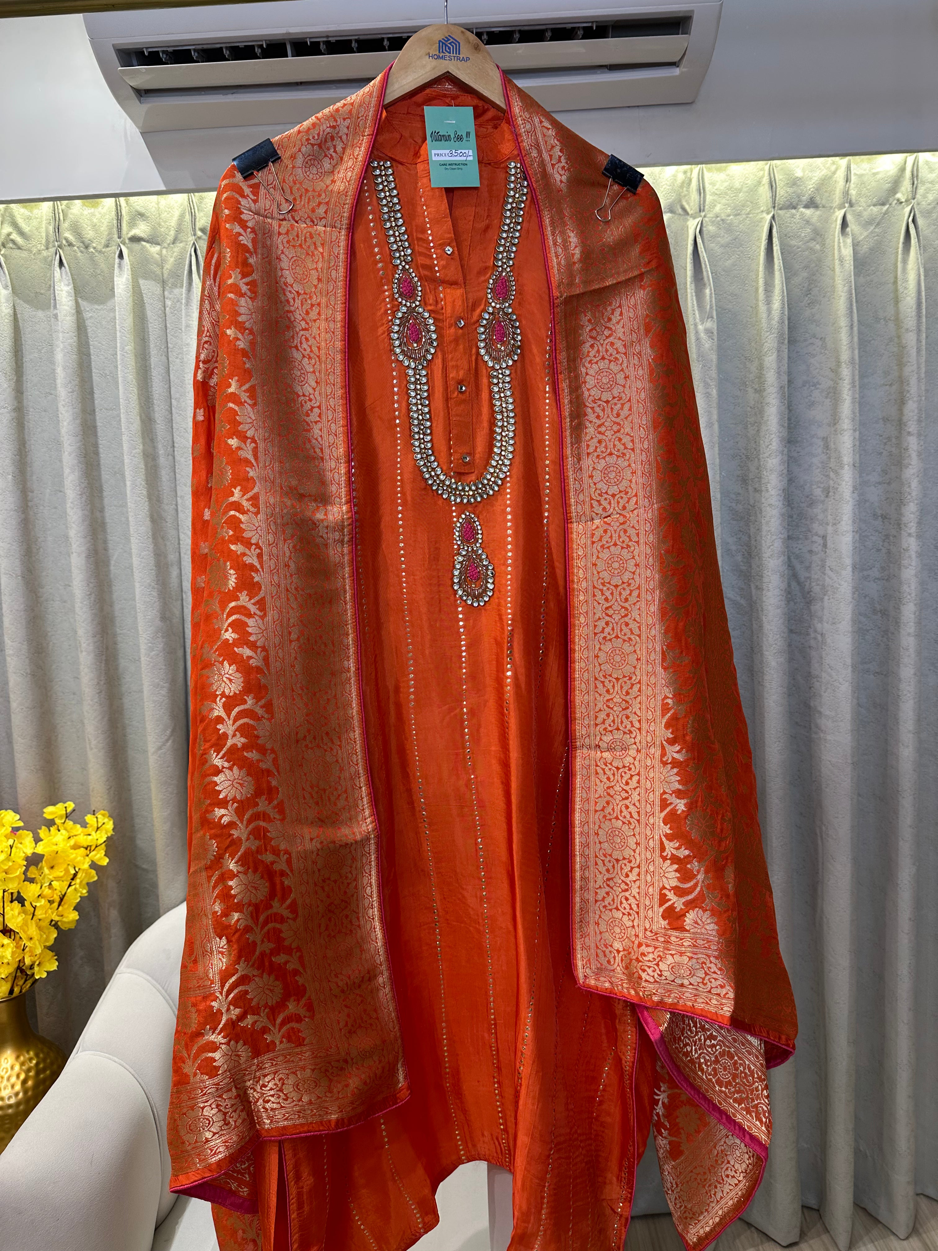 UNSTITCHED PURE RUSSIAN SILK KUNDAN WORK SUITS.