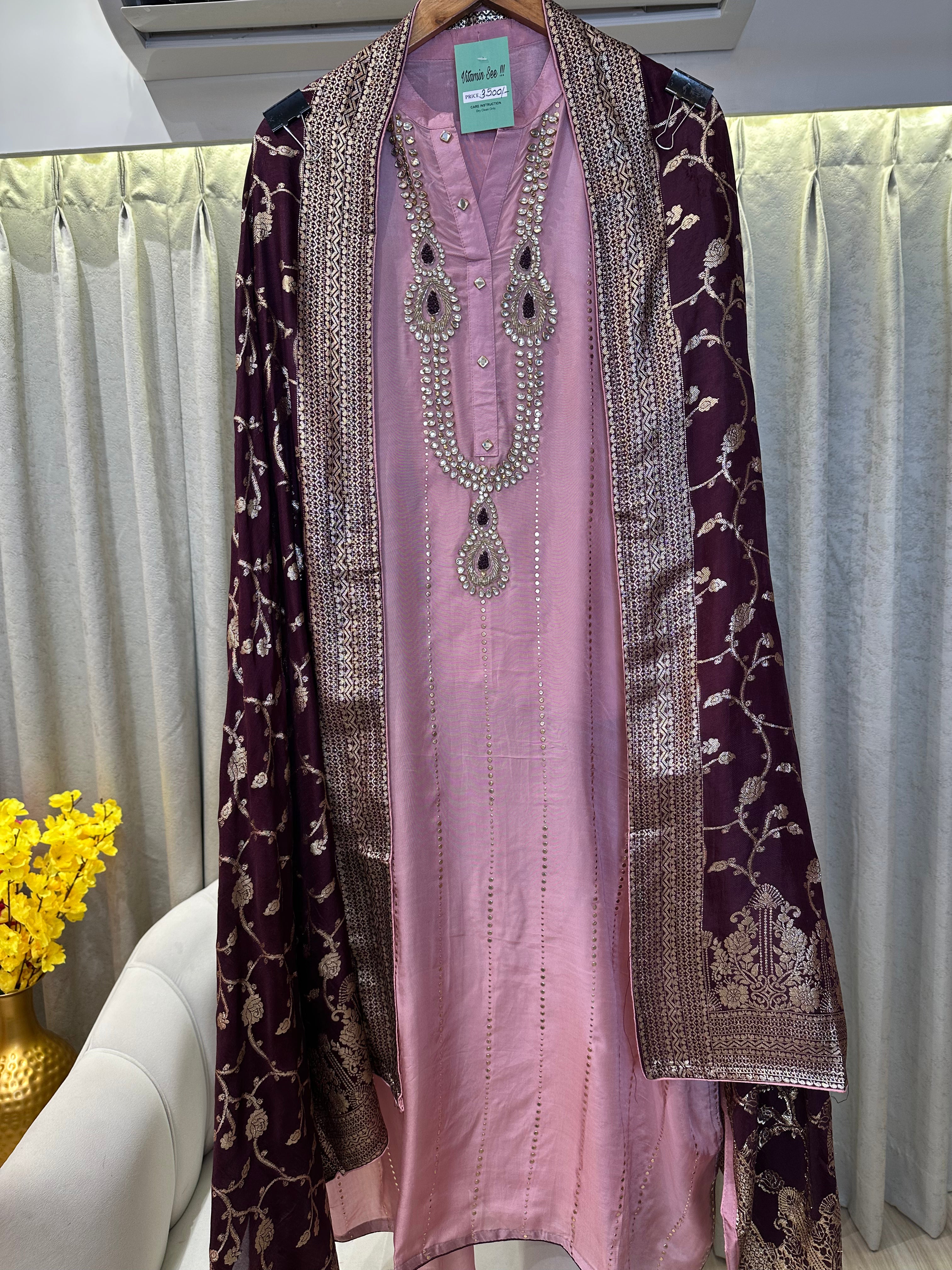 UNSTITCHED PURE RUSSIAN SILK KUNDAN WORK SUITS.