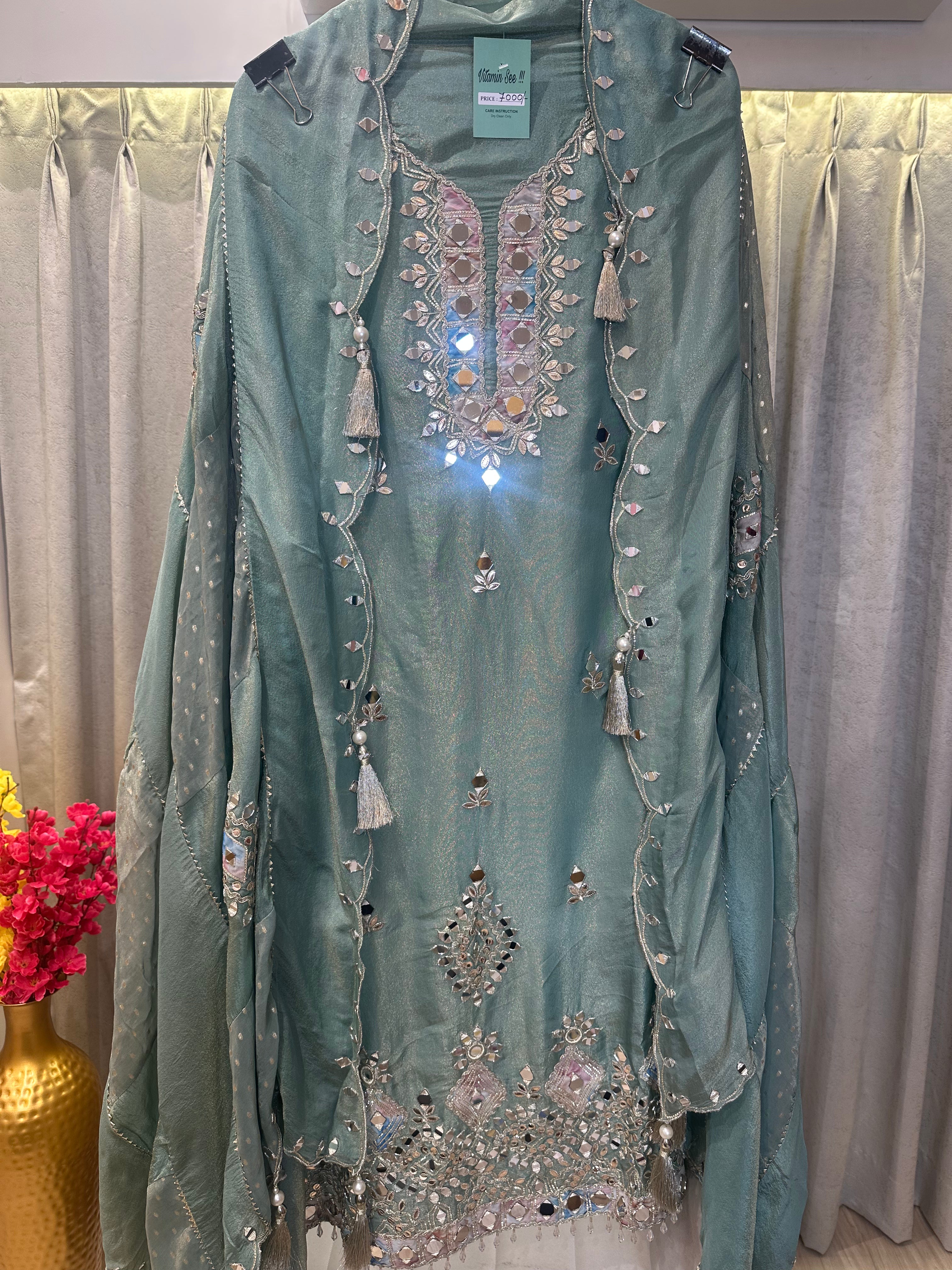 UNSTITCHED PURE TISSUE ORGANZA HANDWORK SUITS.