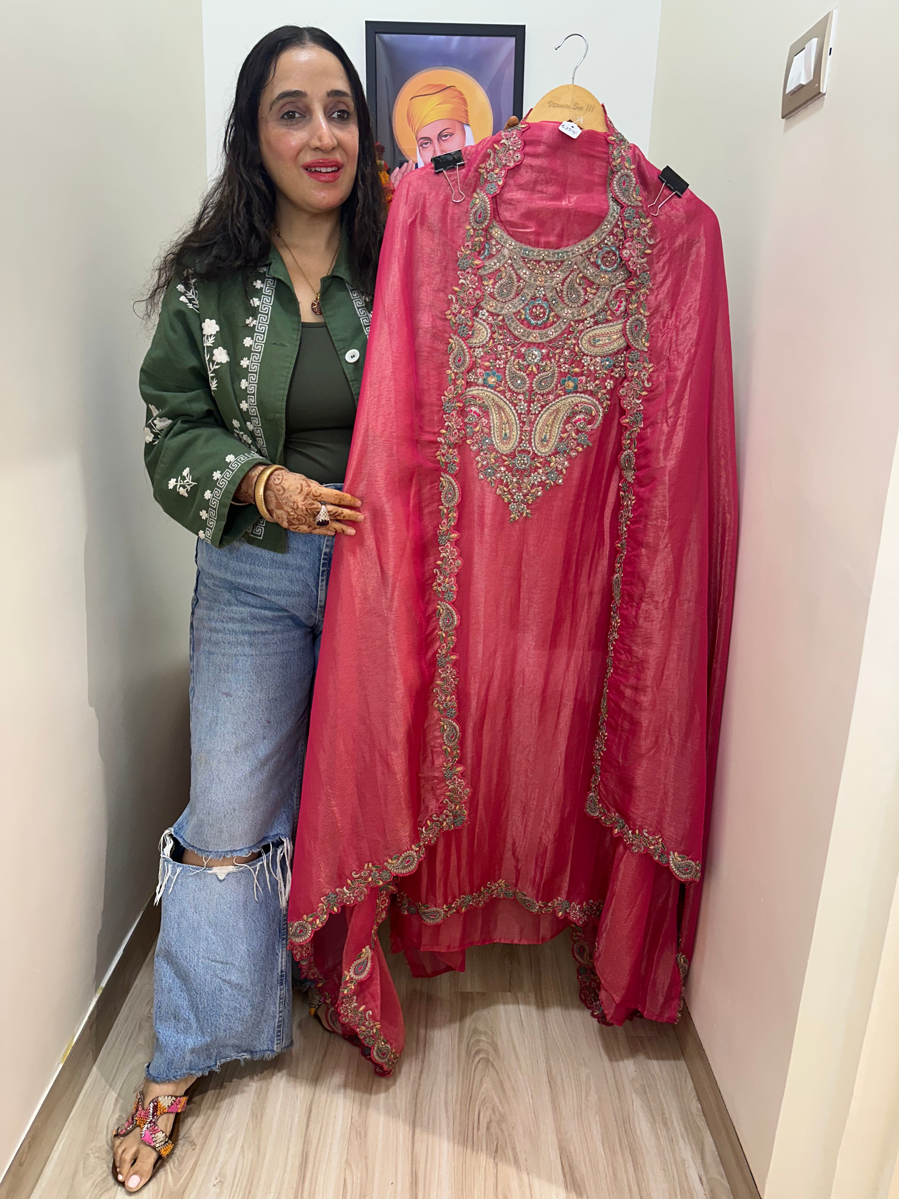 UNSTITCHED PURE SHIMMER SILK ANTIQUE WORK SUITS.