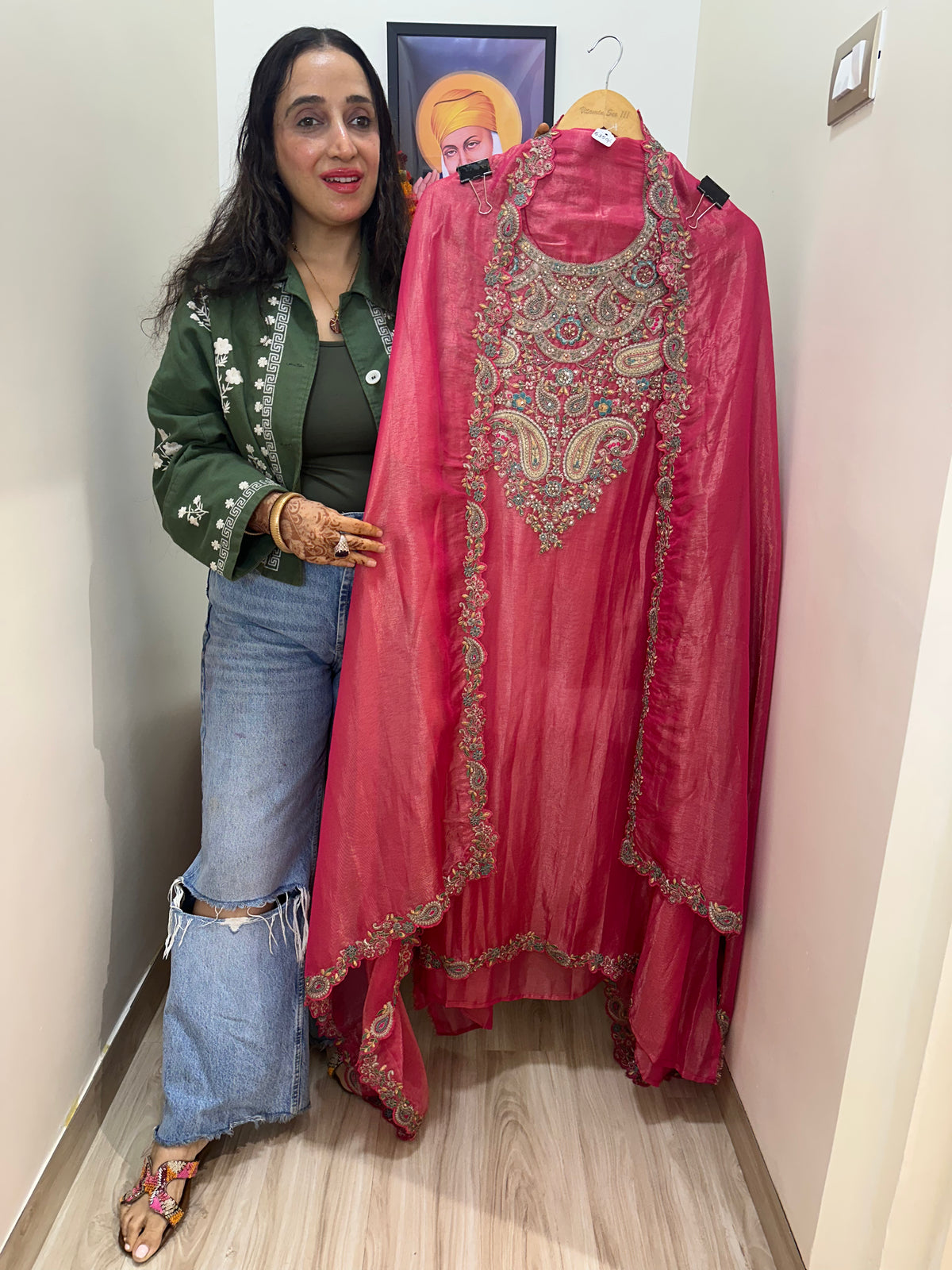 UNSTITCHED PURE SHIMMER SILK ANTIQUE WORK SUITS.