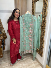 UNSTITCHED PURE MULMUL RESHAM WORK SUITS.