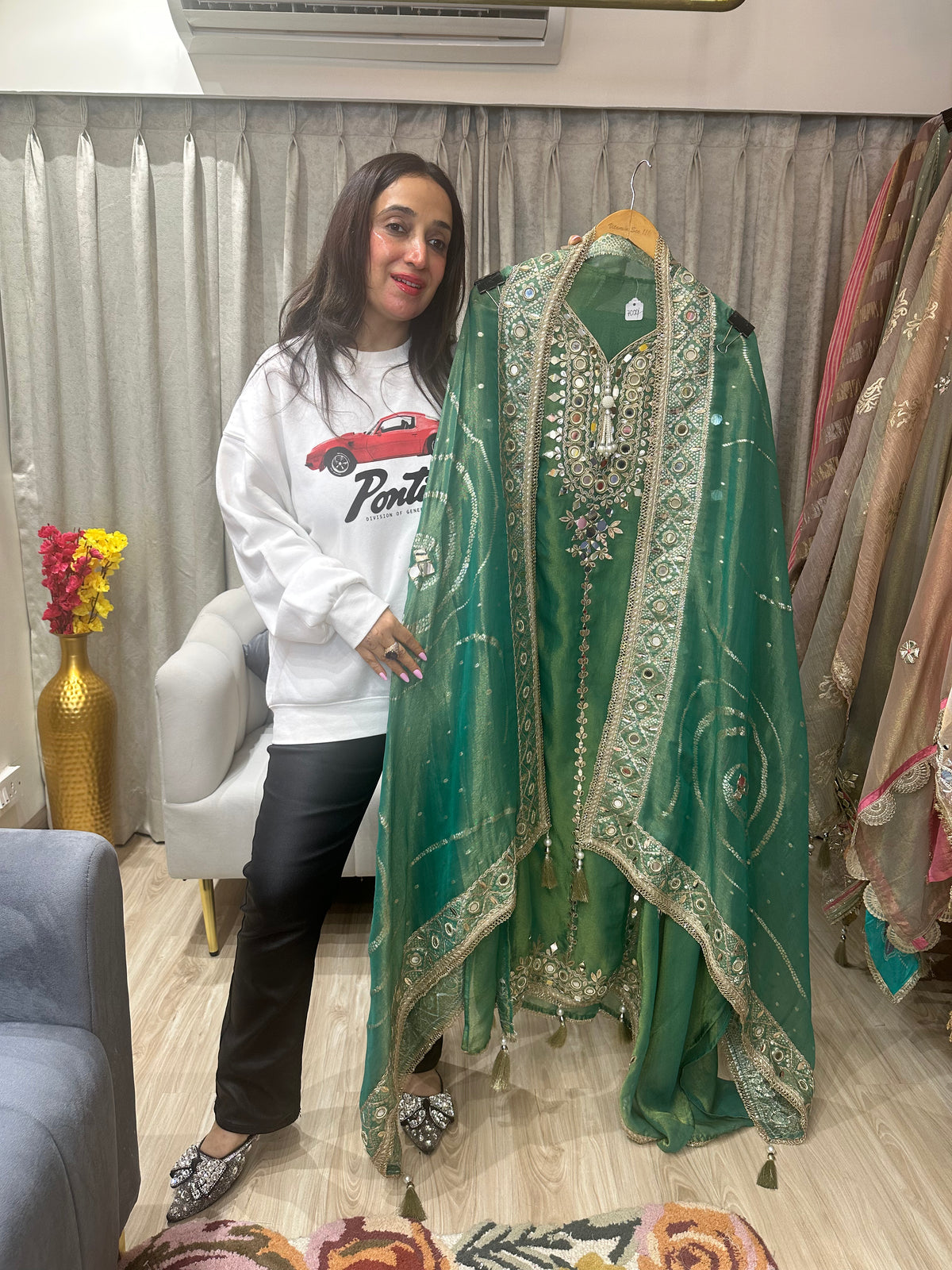 UNSTITCHED PURE SHIMMER SILK HANDWORK SUITS.