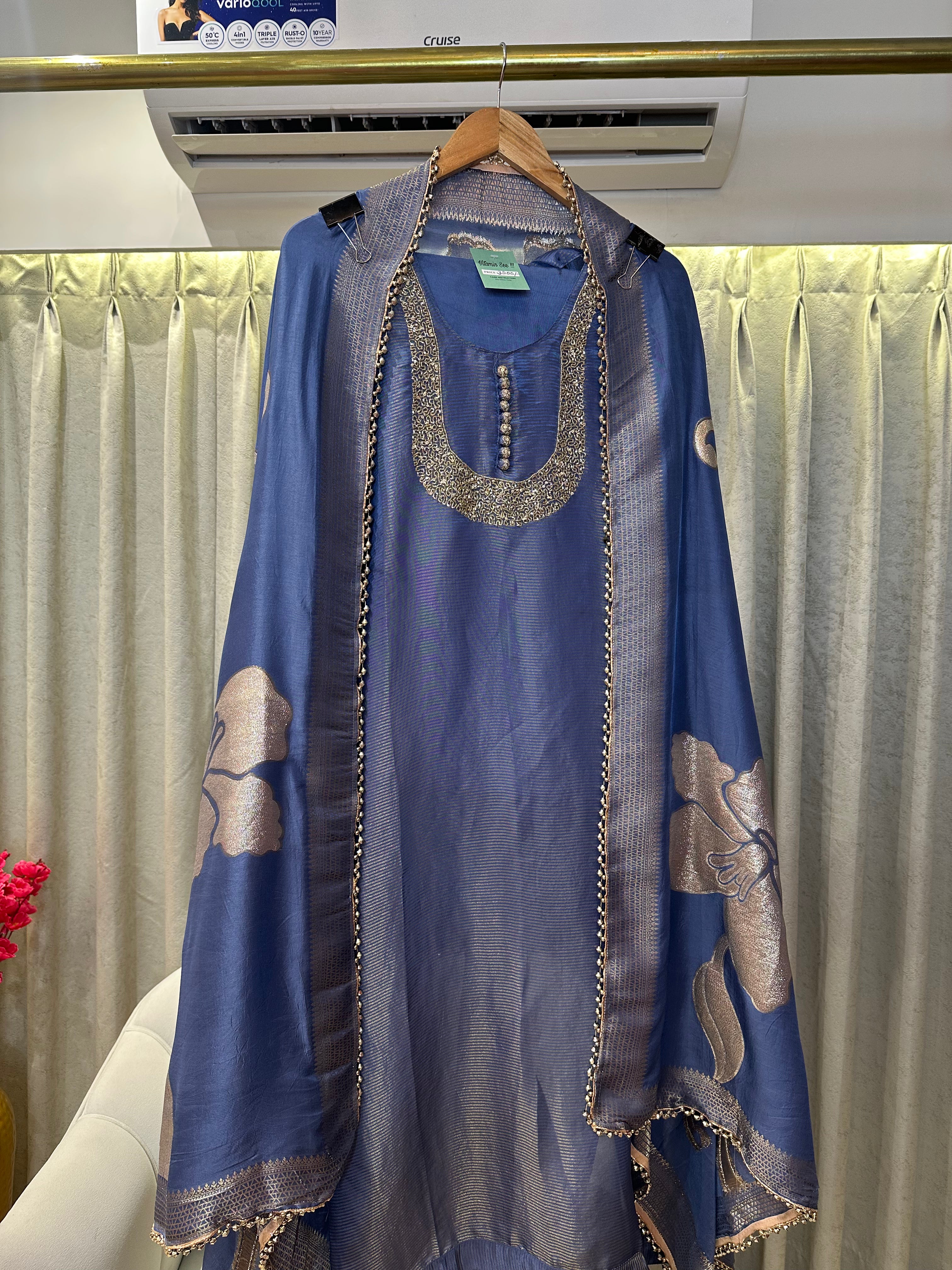 UNSTITCHED PURE SHIMMER SILK NALKI WORK SUITS.
