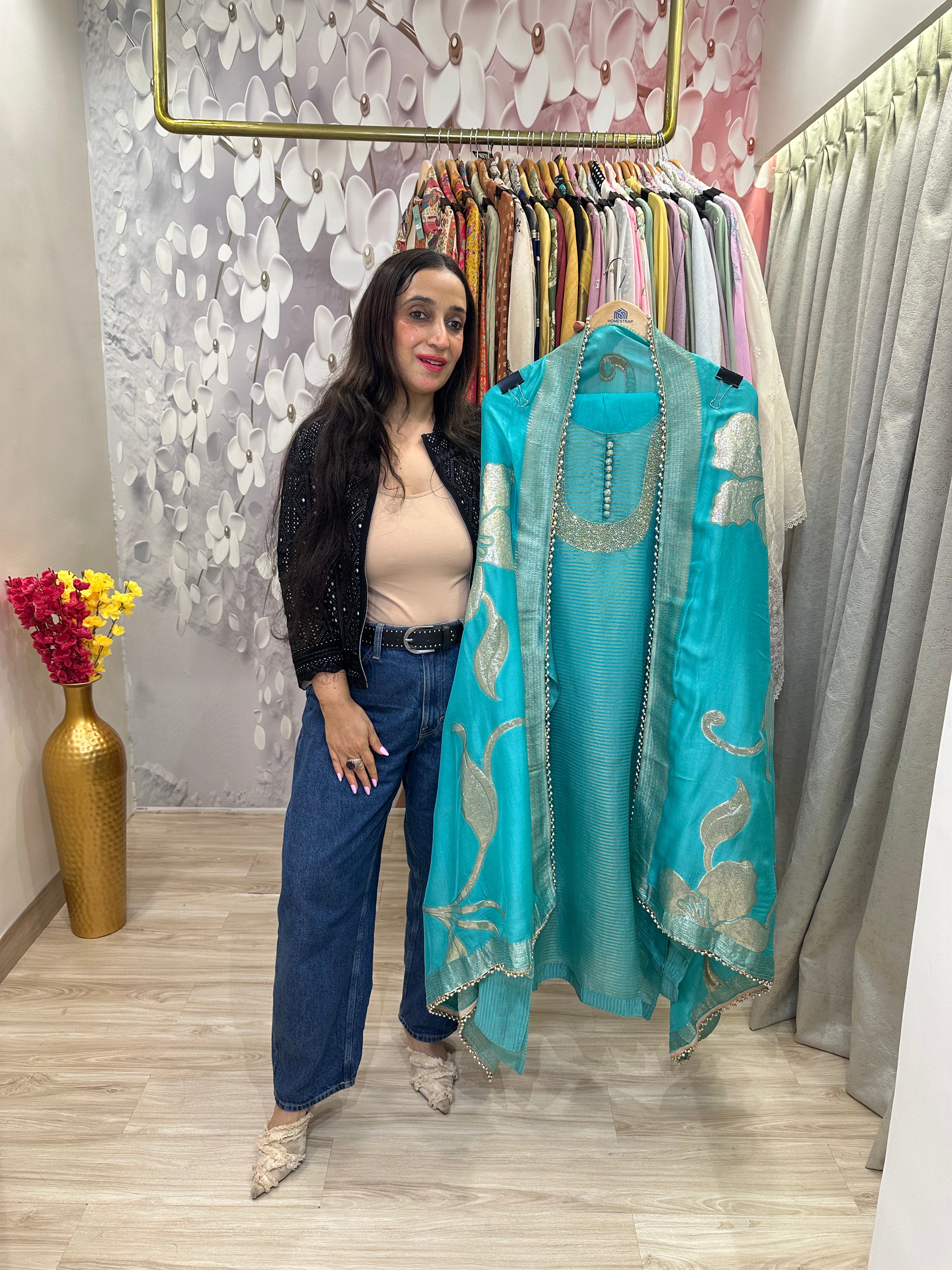Unstitched pure shimmer silk handwork suits.