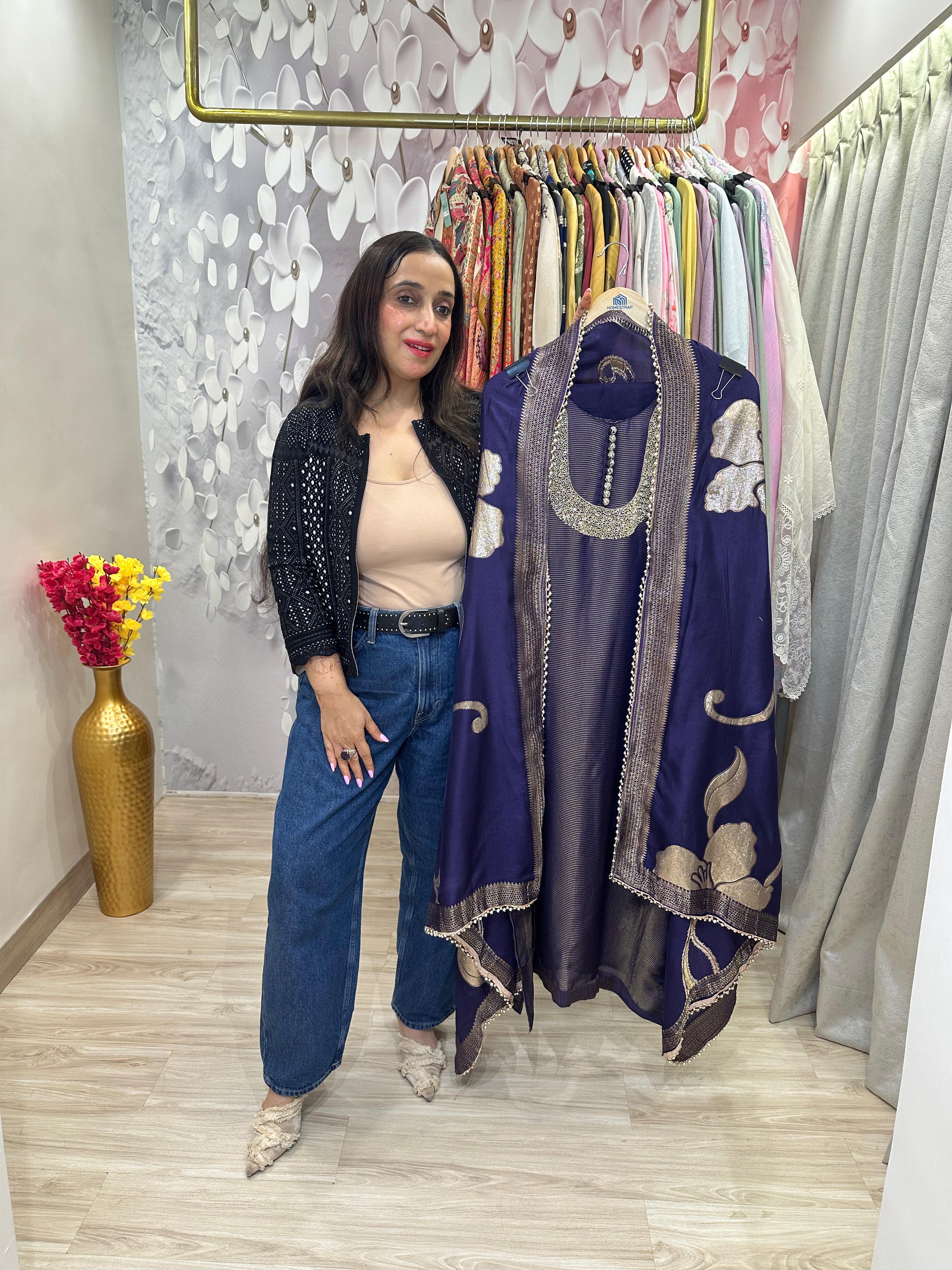 Unstitched pure shimmer silk handwork suits.