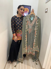 UNSTITCHED PURE TISSUE BANARSI HANDWORK SUITS.