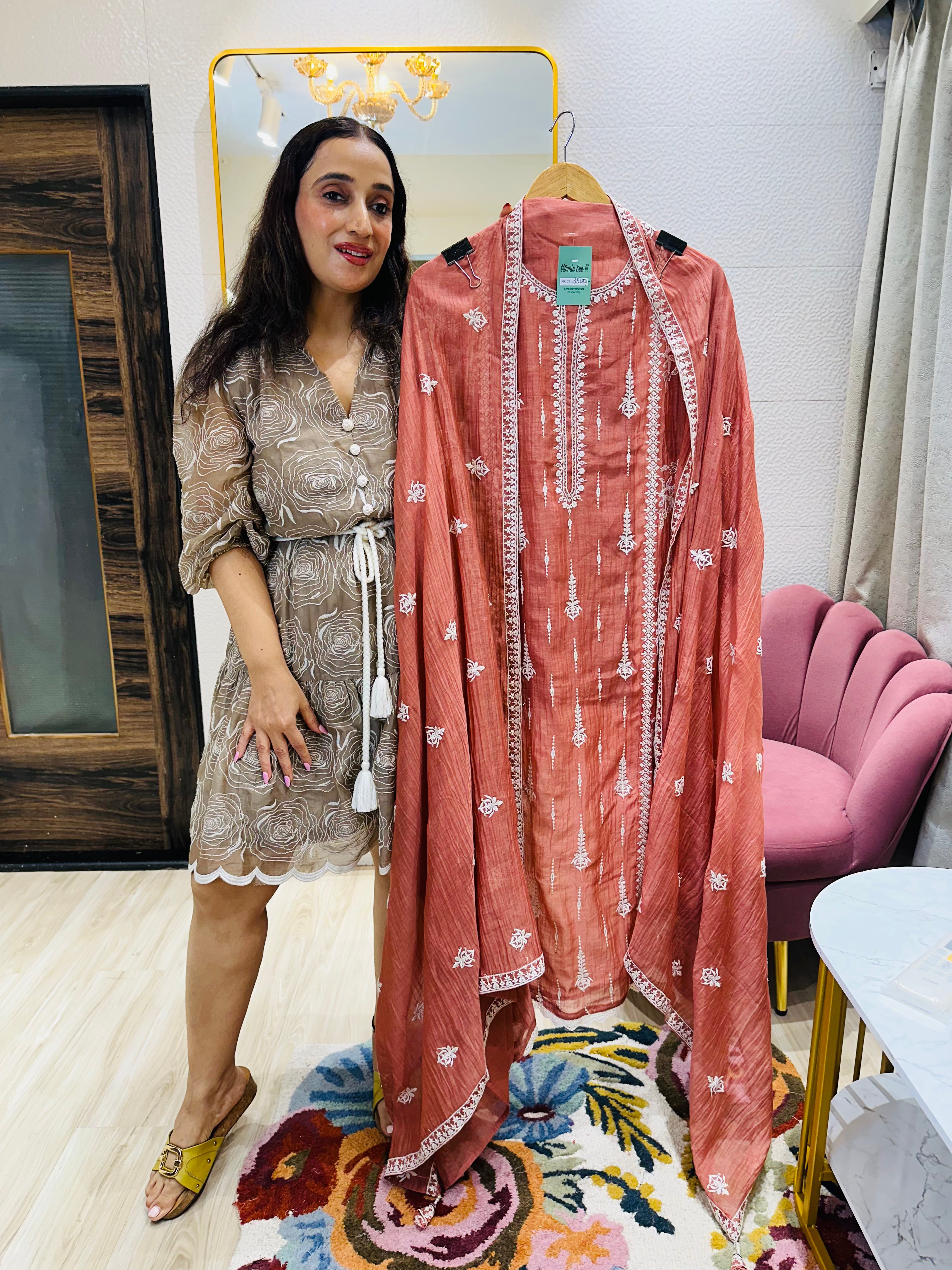 UNSTITCHED PURE MULMUL CHANDERI EMBROIDERED SUITS.