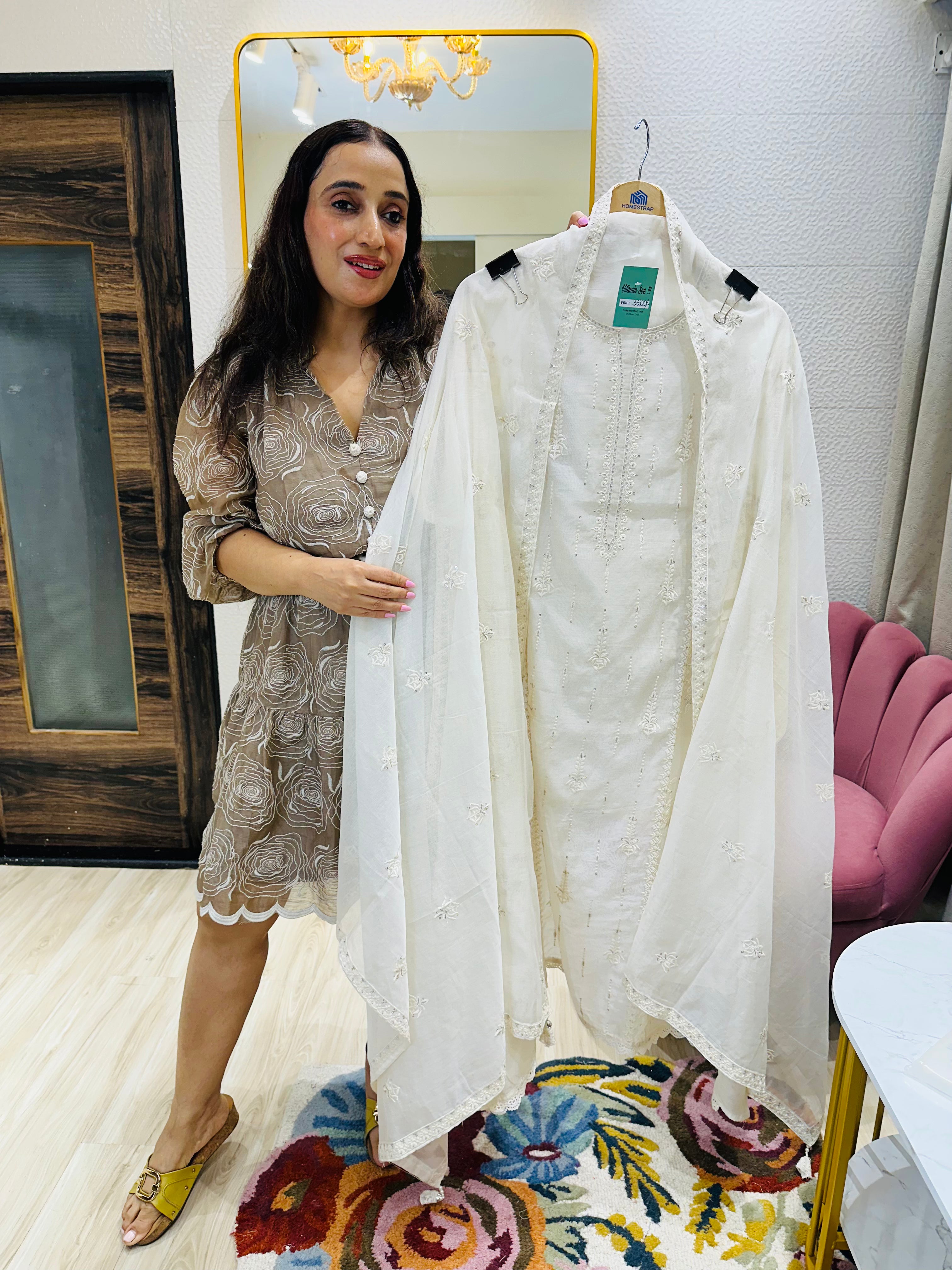 UNSTITCHED PURE MULMUL CHANDERI EMBROIDERED SUITS.
