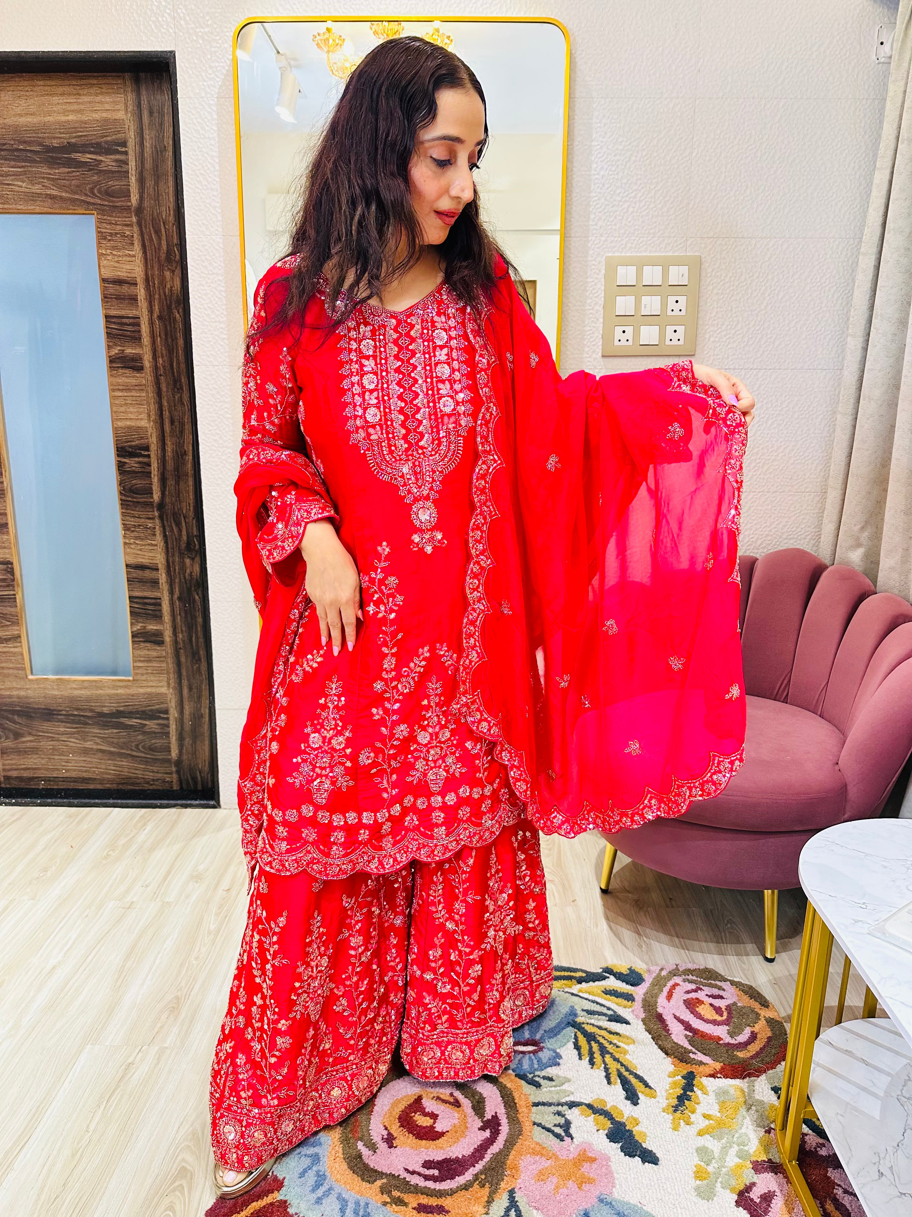 STITCHED PURE SATIN ORGANZA SHARARA SETS