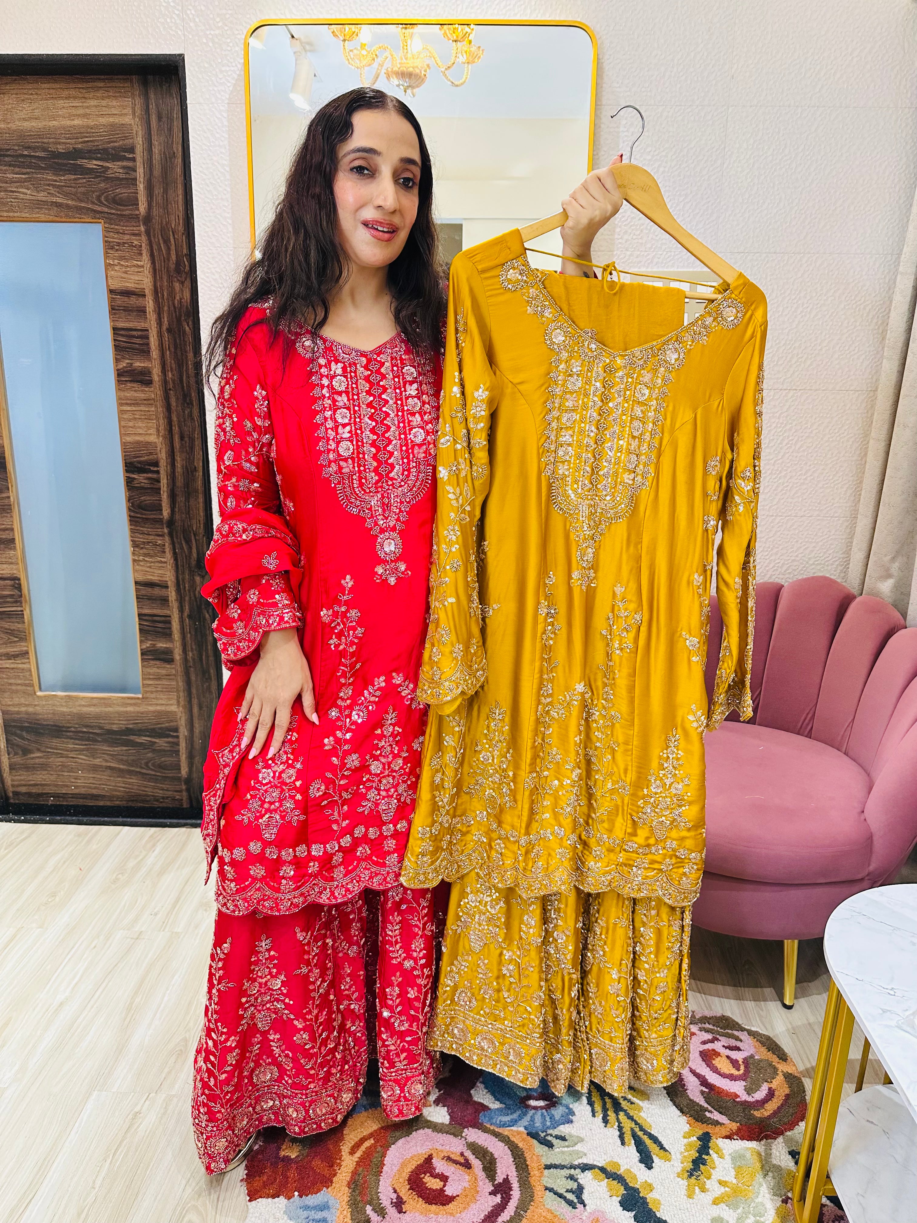 STITCHED PURE SATIN ORGANZA SHARARA SETS