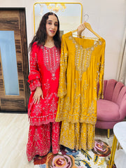 STITCHED PURE SATIN ORGANZA SHARARA SETS