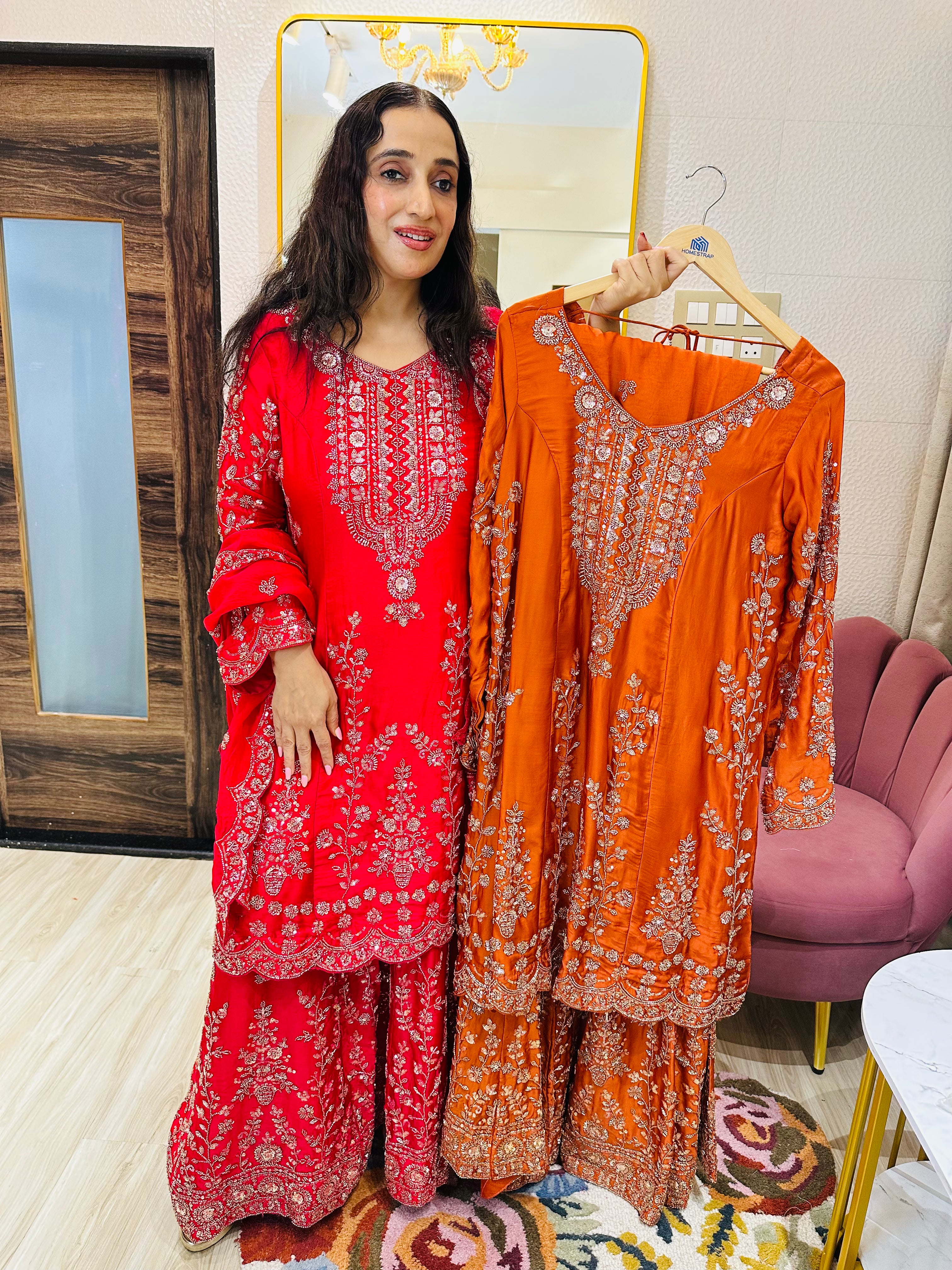 STITCHED PURE SATIN ORGANZA SHARARA SETS