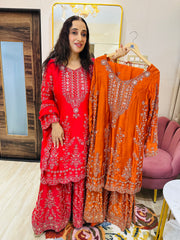 STITCHED PURE SATIN ORGANZA SHARARA SETS