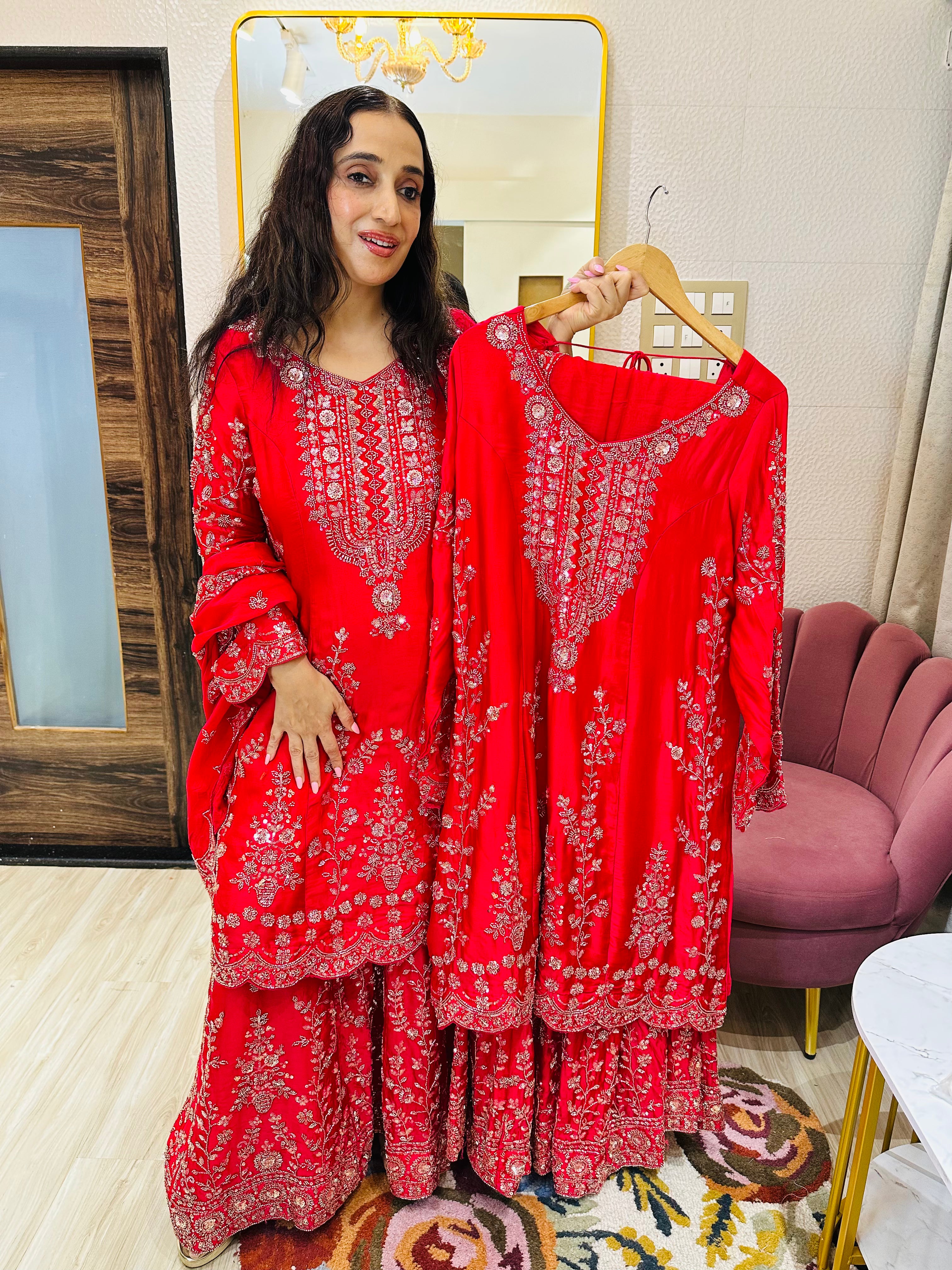 STITCHED PURE SATIN ORGANZA SHARARA SETS