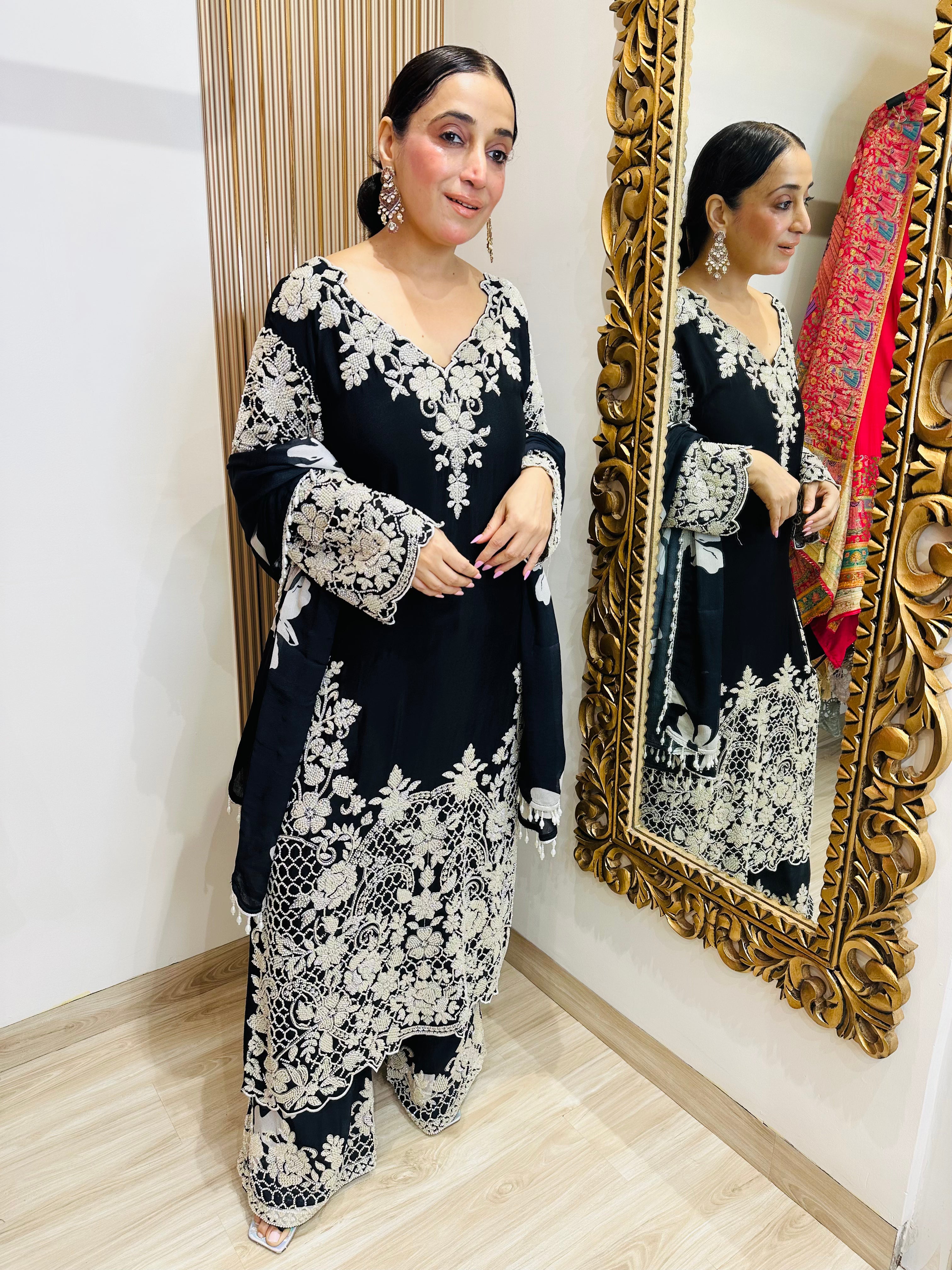 STITCHED PURE CHINON BEAD WORK SUITS.