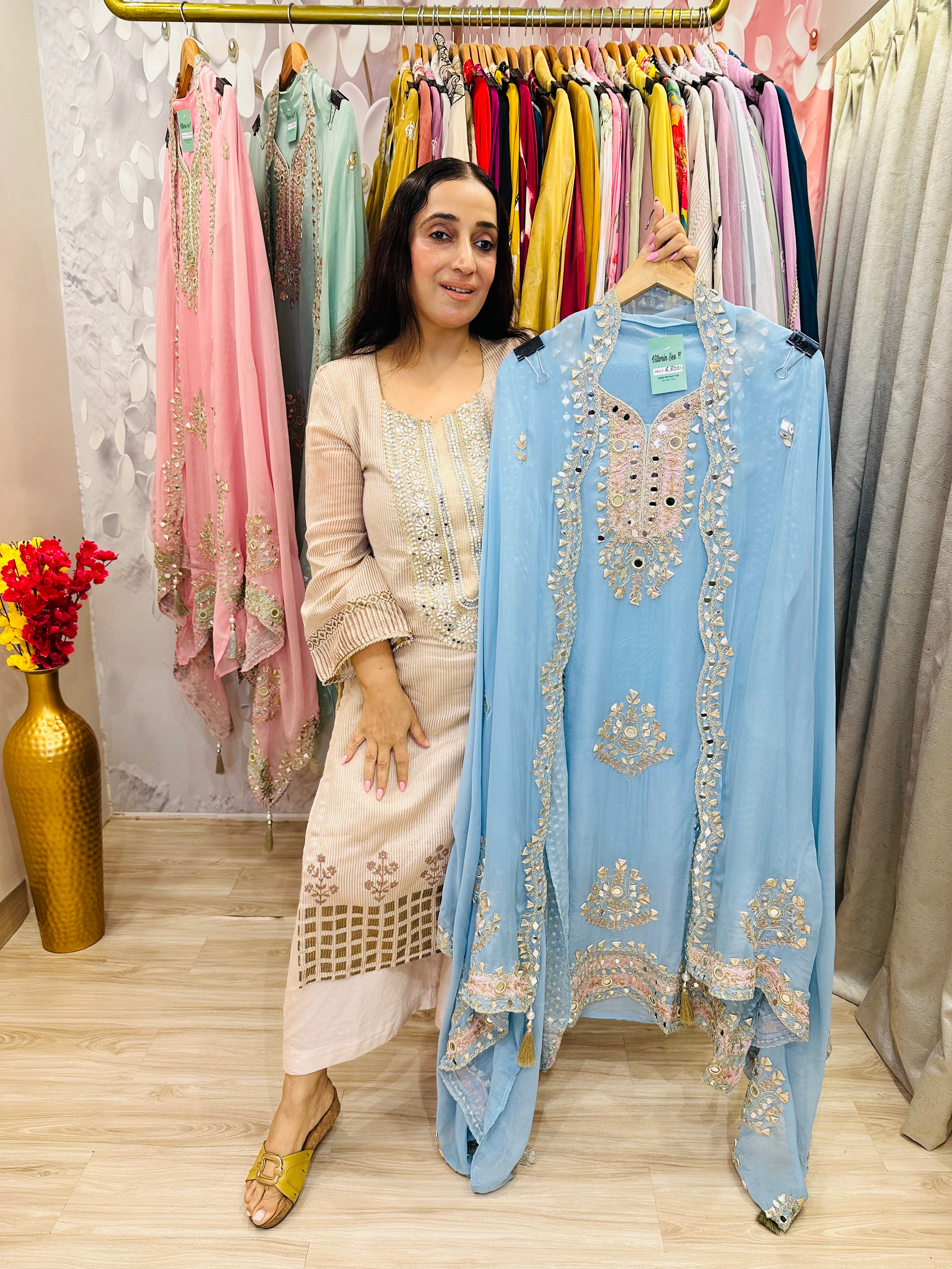 UNSTITCHED PURE SOFT ORGANZA HANDWORK SUITS.