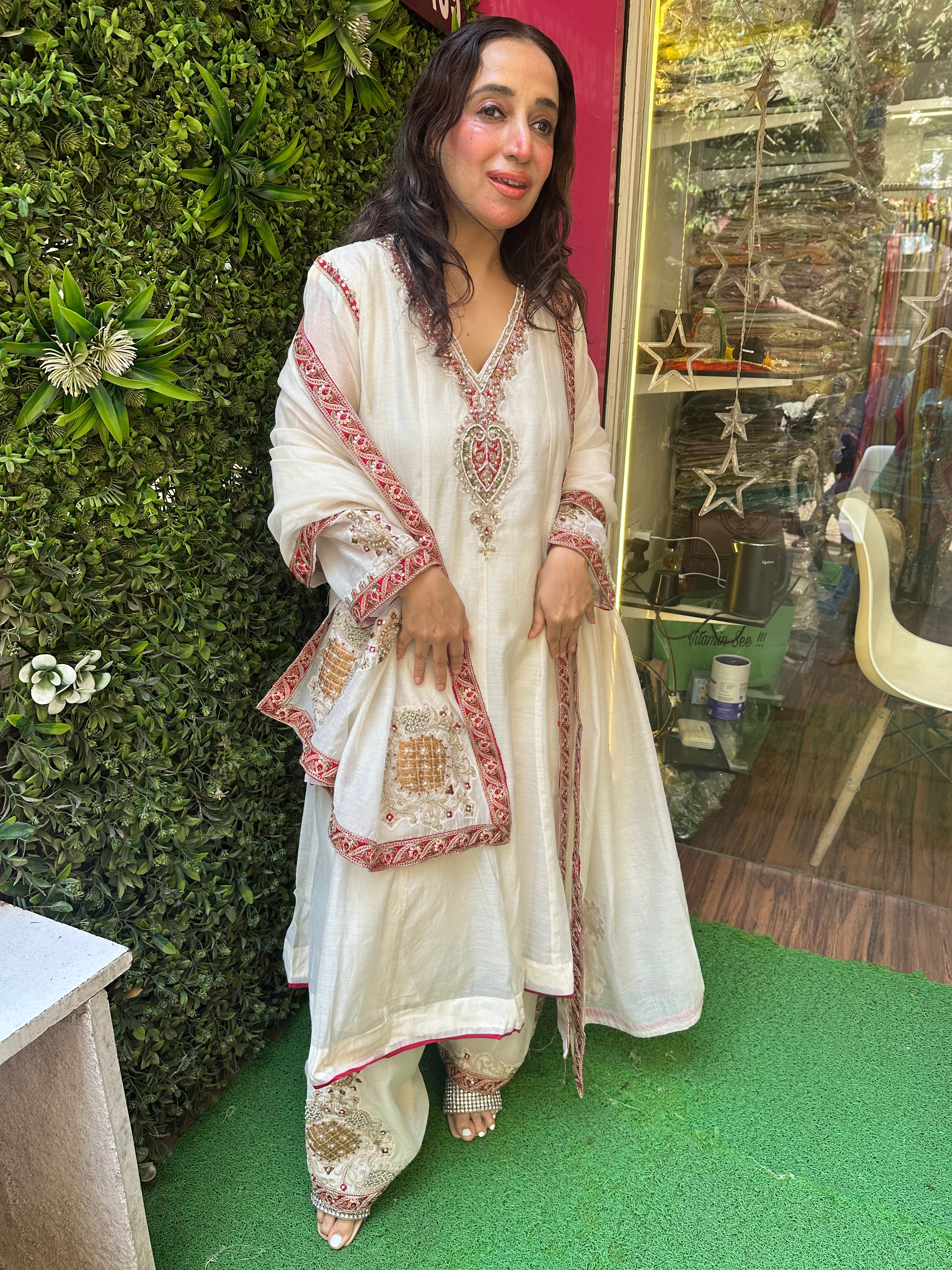 Stitched PURE MULMUL CHANDERI HANDWORK SUITS.