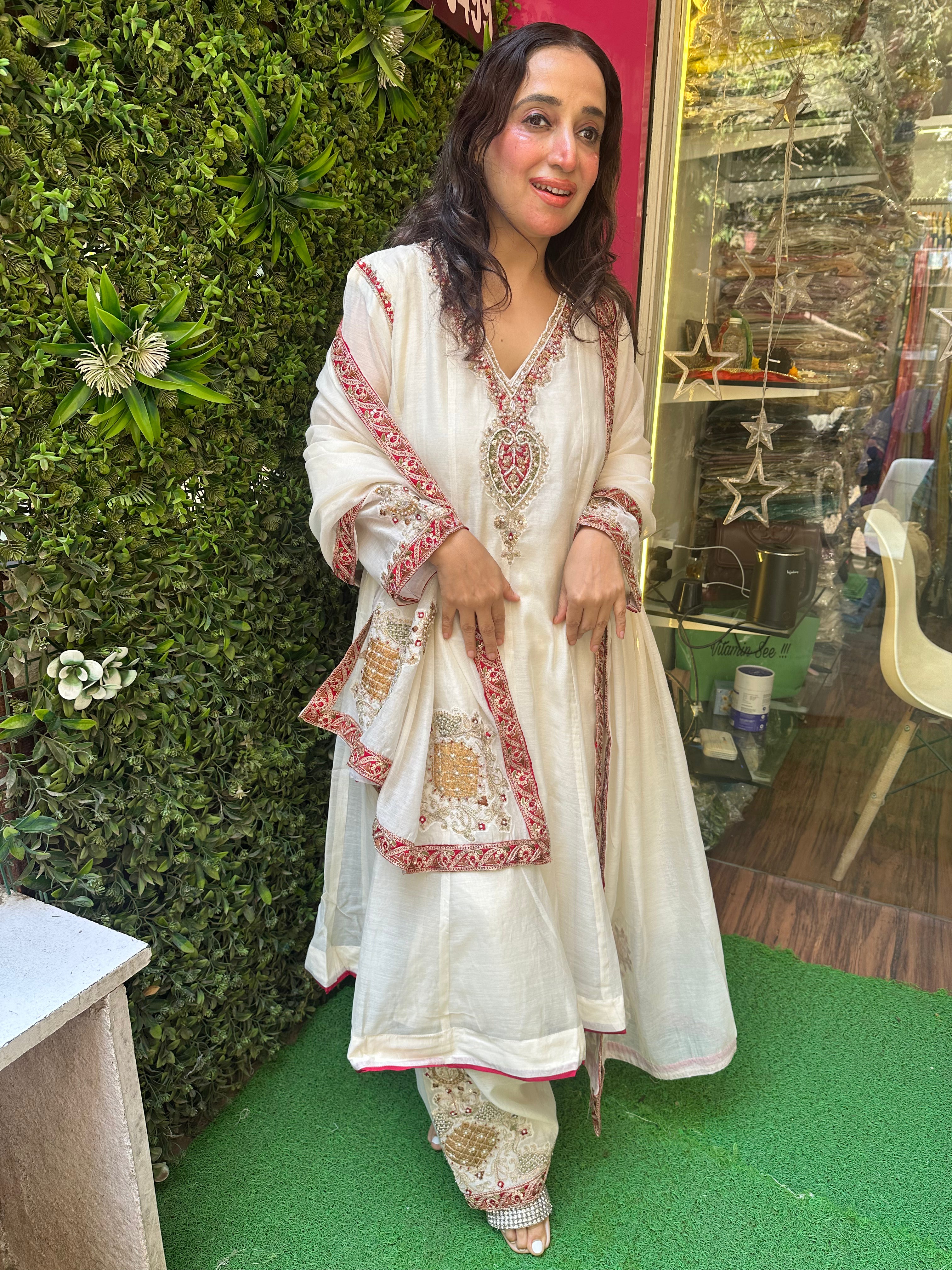 Stitched PURE MULMUL CHANDERI HANDWORK SUITS.