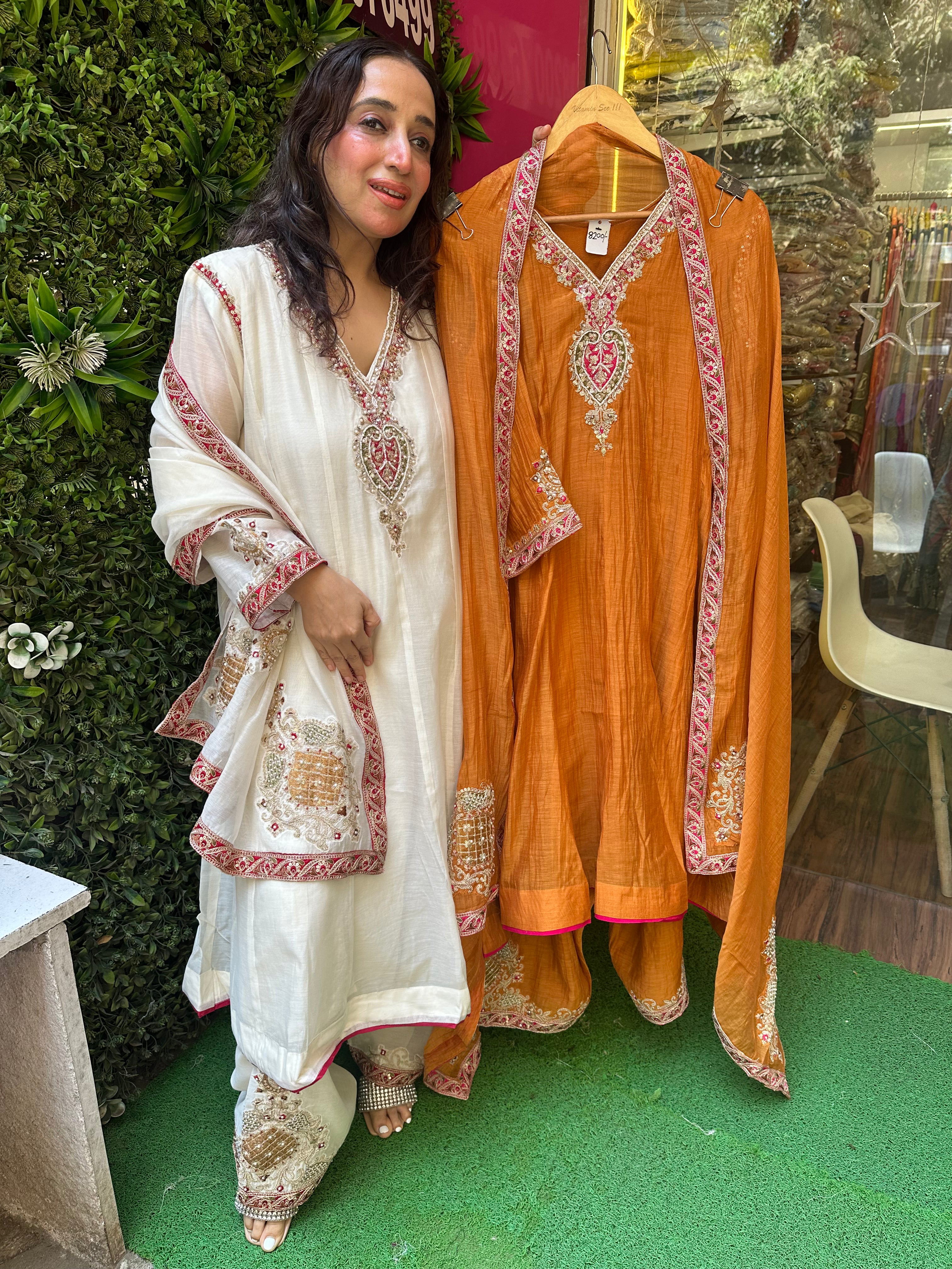 Stitched PURE MULMUL CHANDERI HANDWORK SUITS.