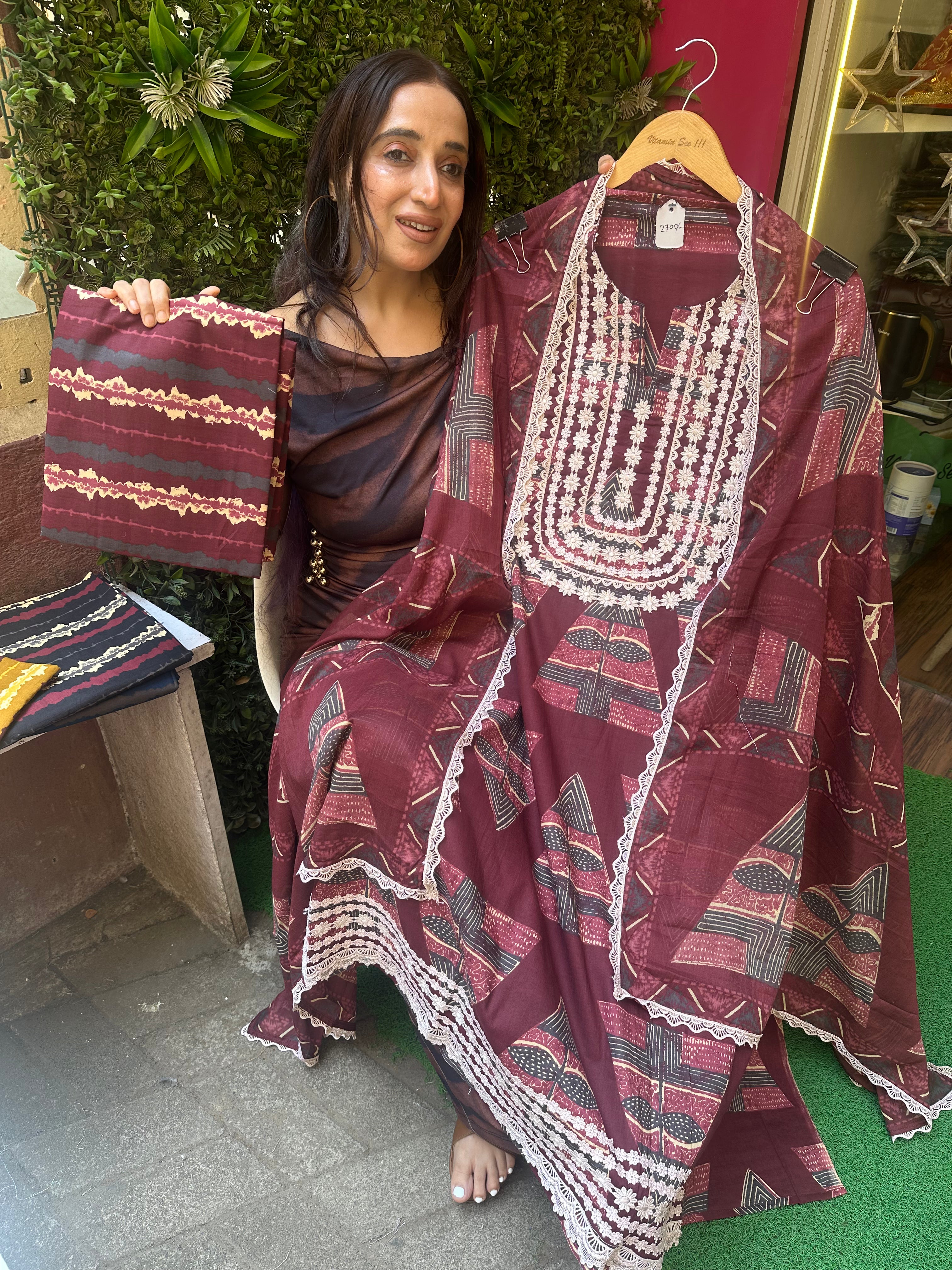 Unstitched PURE MULMUL COTTON AFGHANI PRINTS WITH LACES.