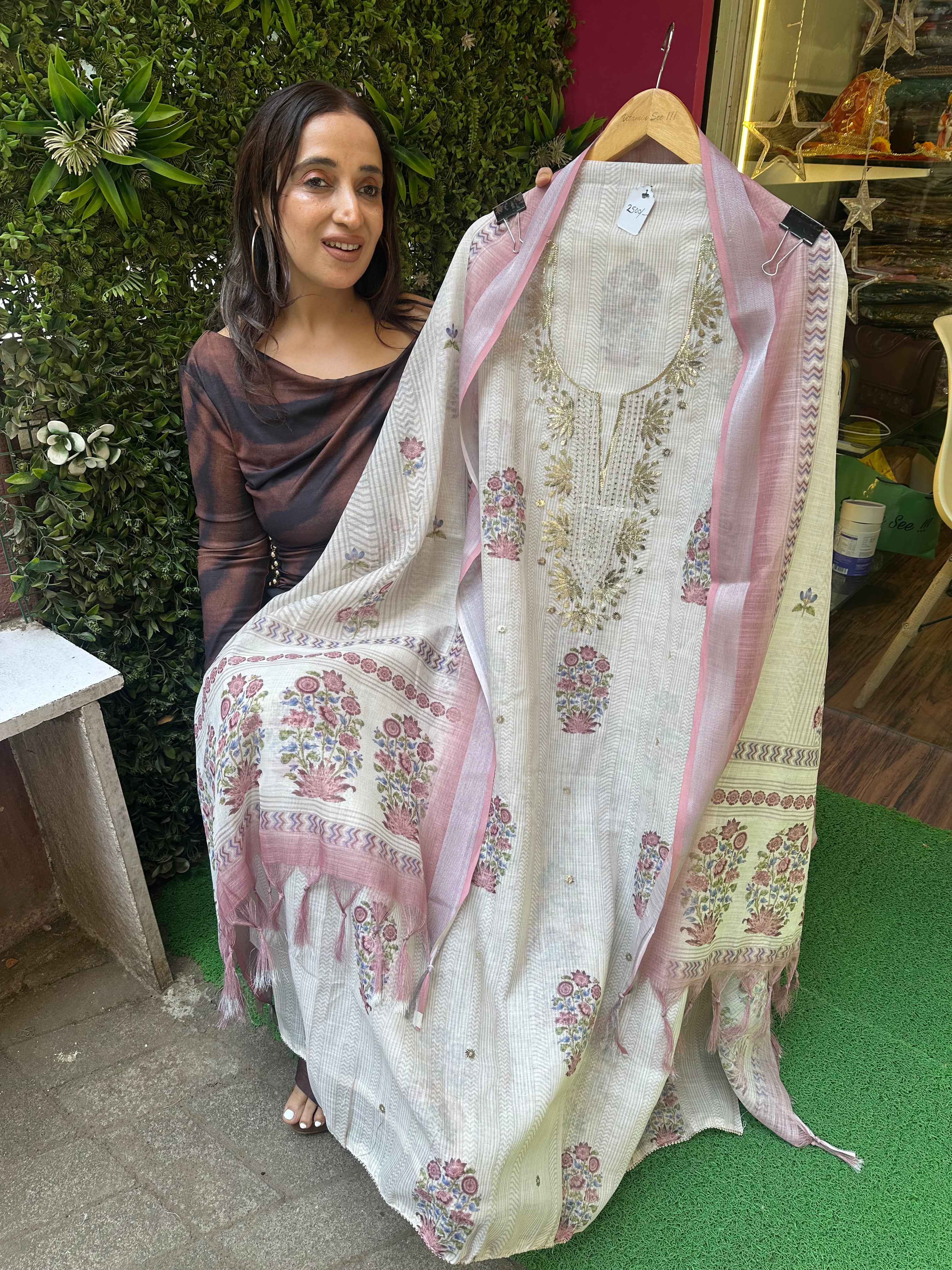 Unstitched PURE COTTON LINEN BAUG PRINTING PITA WORK SUITS.