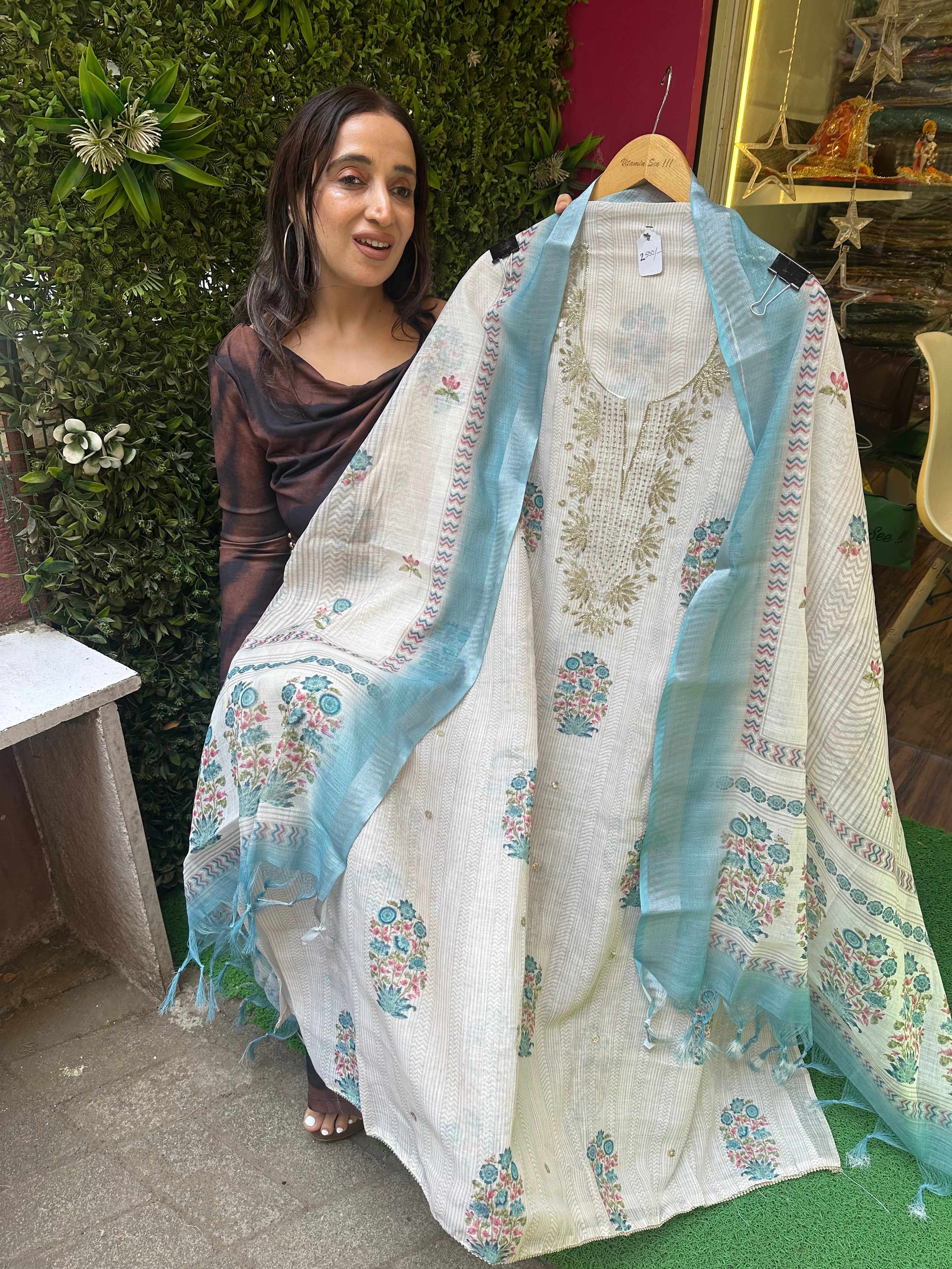 Unstitched PURE COTTON LINEN BAUG PRINTING PITA WORK SUITS.