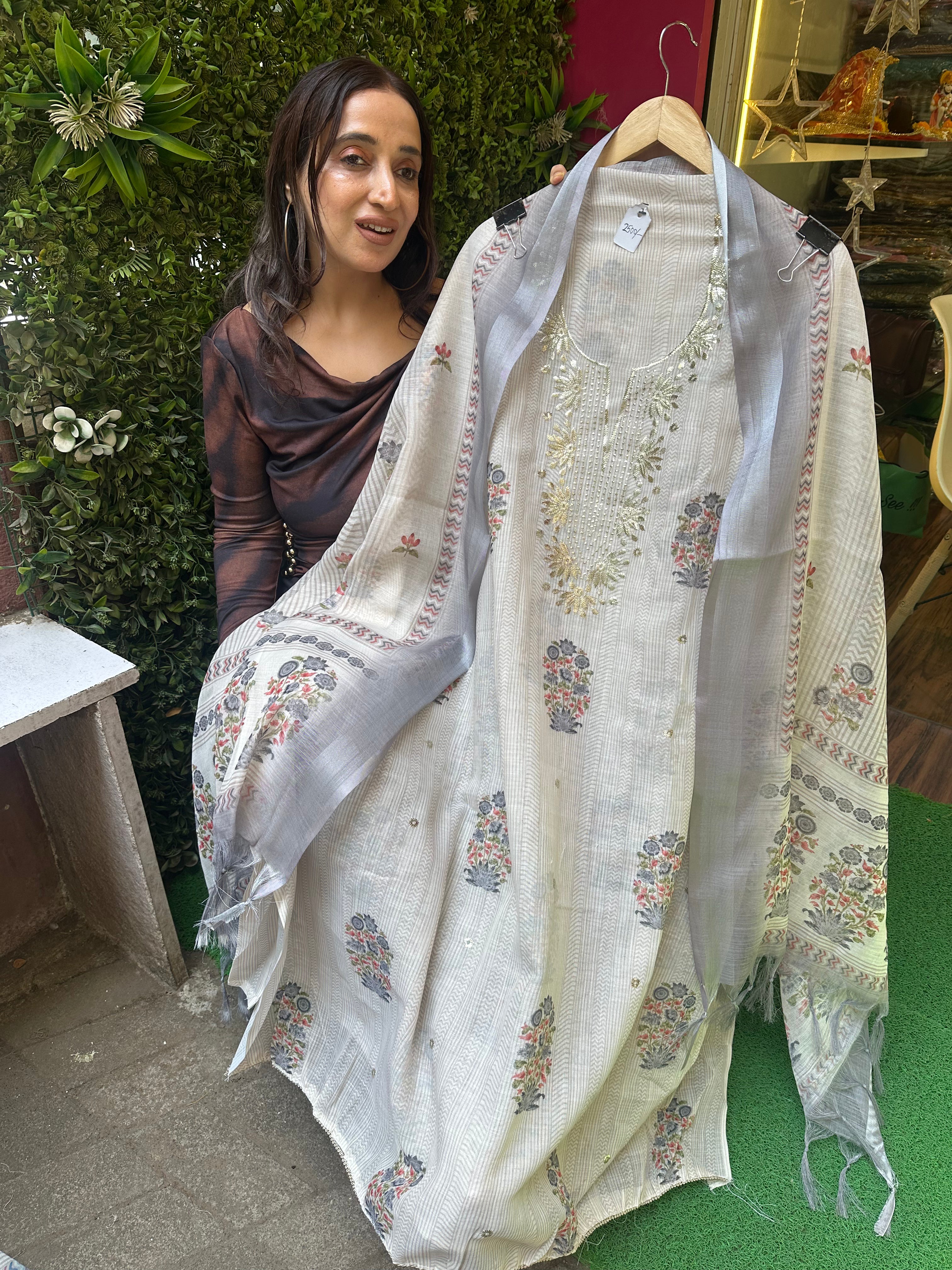 Unstitched PURE COTTON LINEN BAUG PRINTING PITA WORK SUITS.