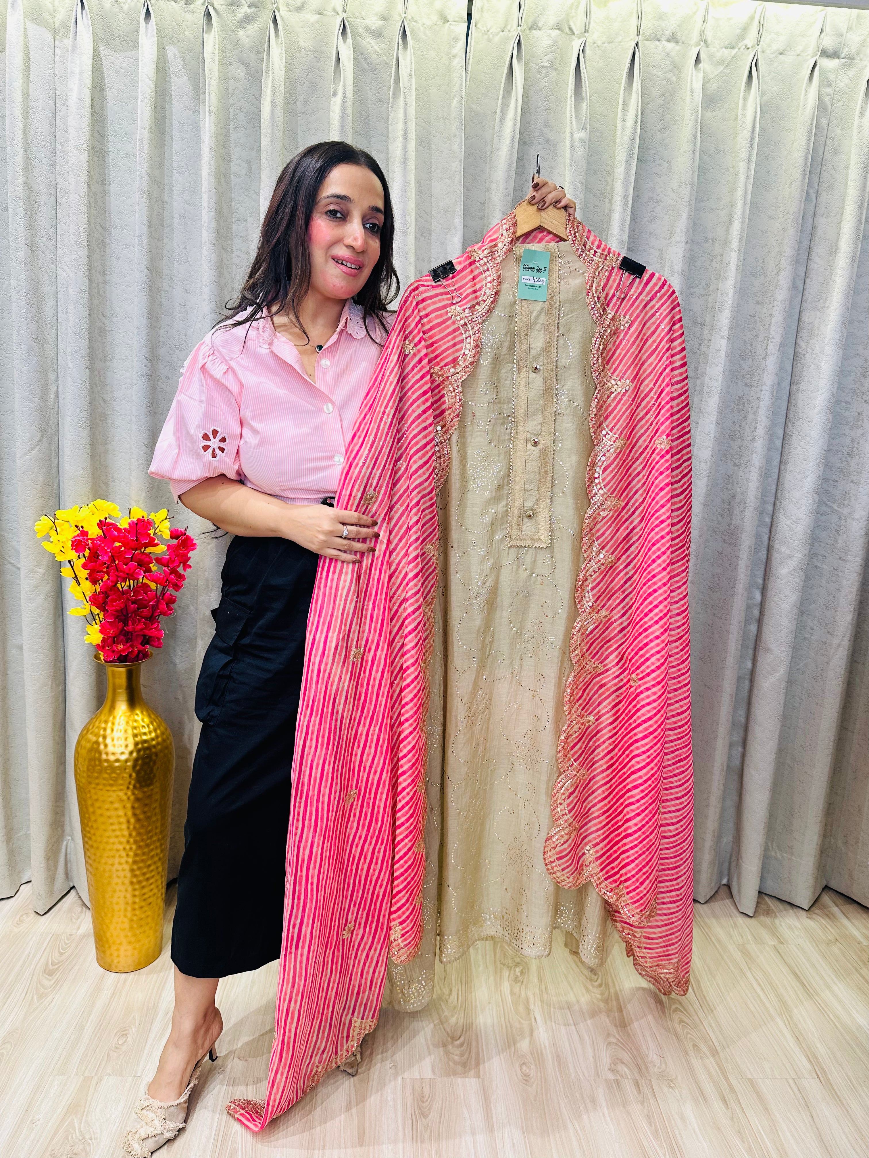 UNSTITCHED PURE MULMUL CHANDERI PITA WORK SUITS.