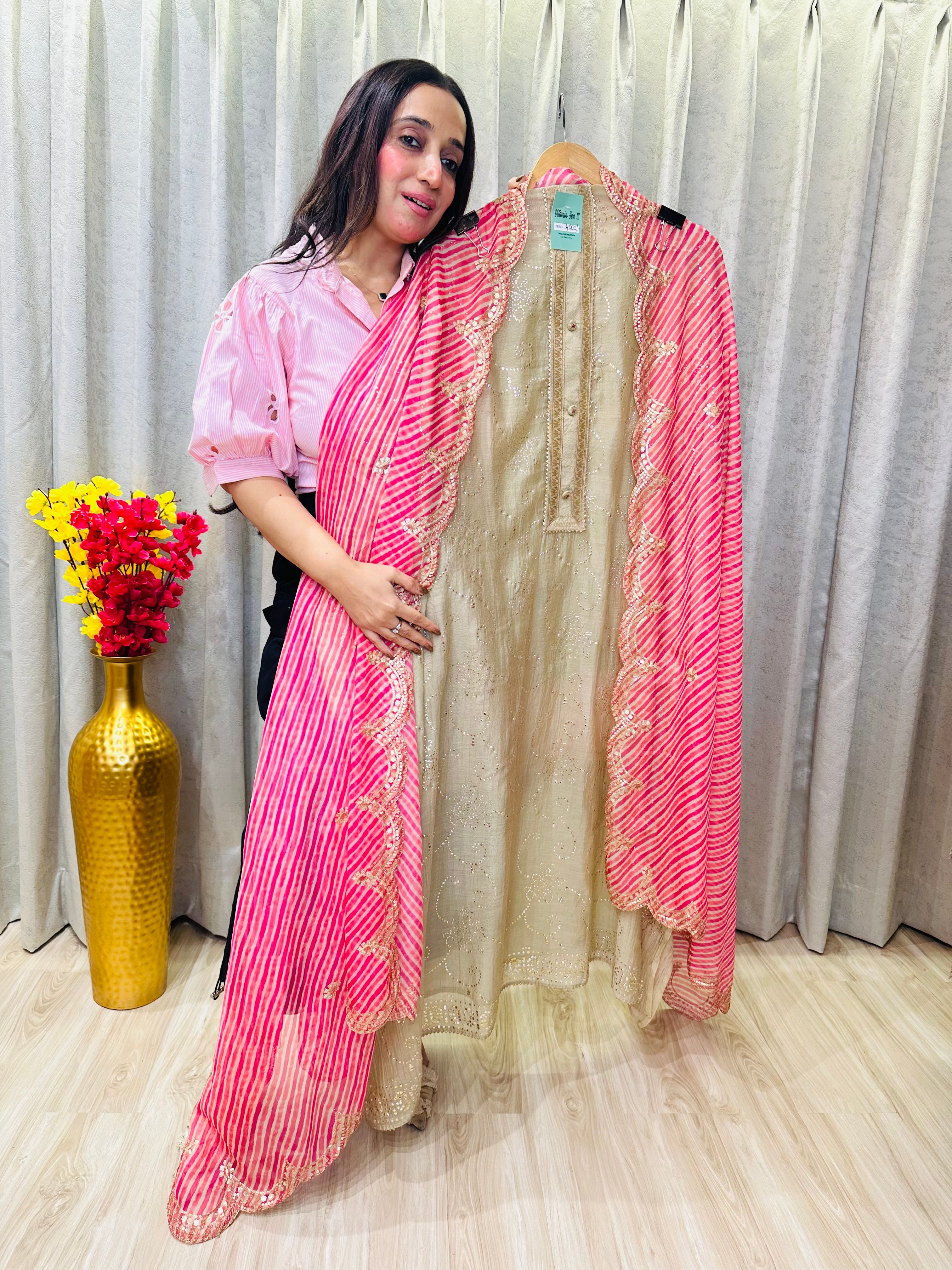 UNSTITCHED PURE MULMUL CHANDERI PITA WORK SUITS.