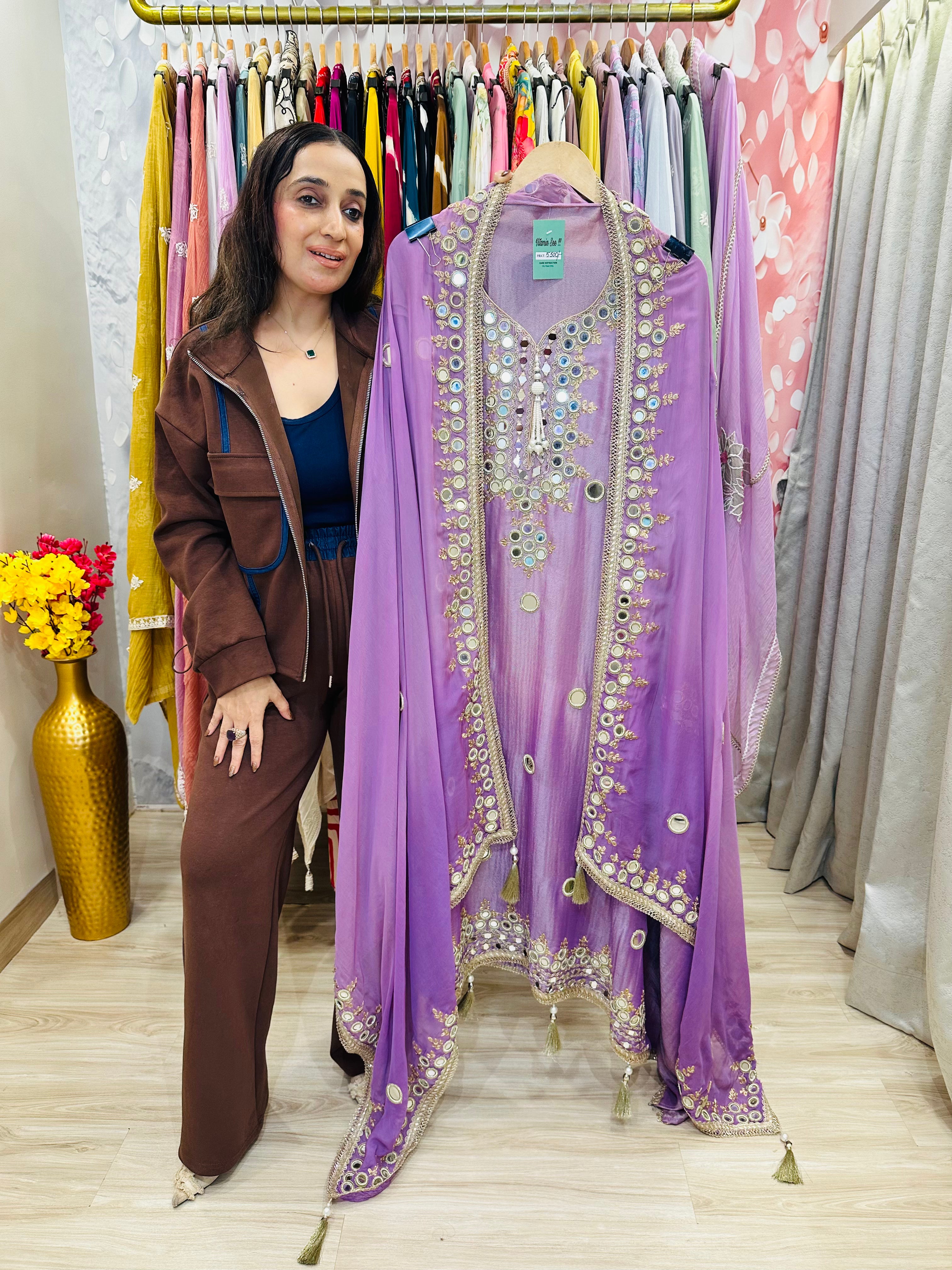 UNSTITCHED PURE TISSUE ORGANZA MIRROR WORK SUITS.
