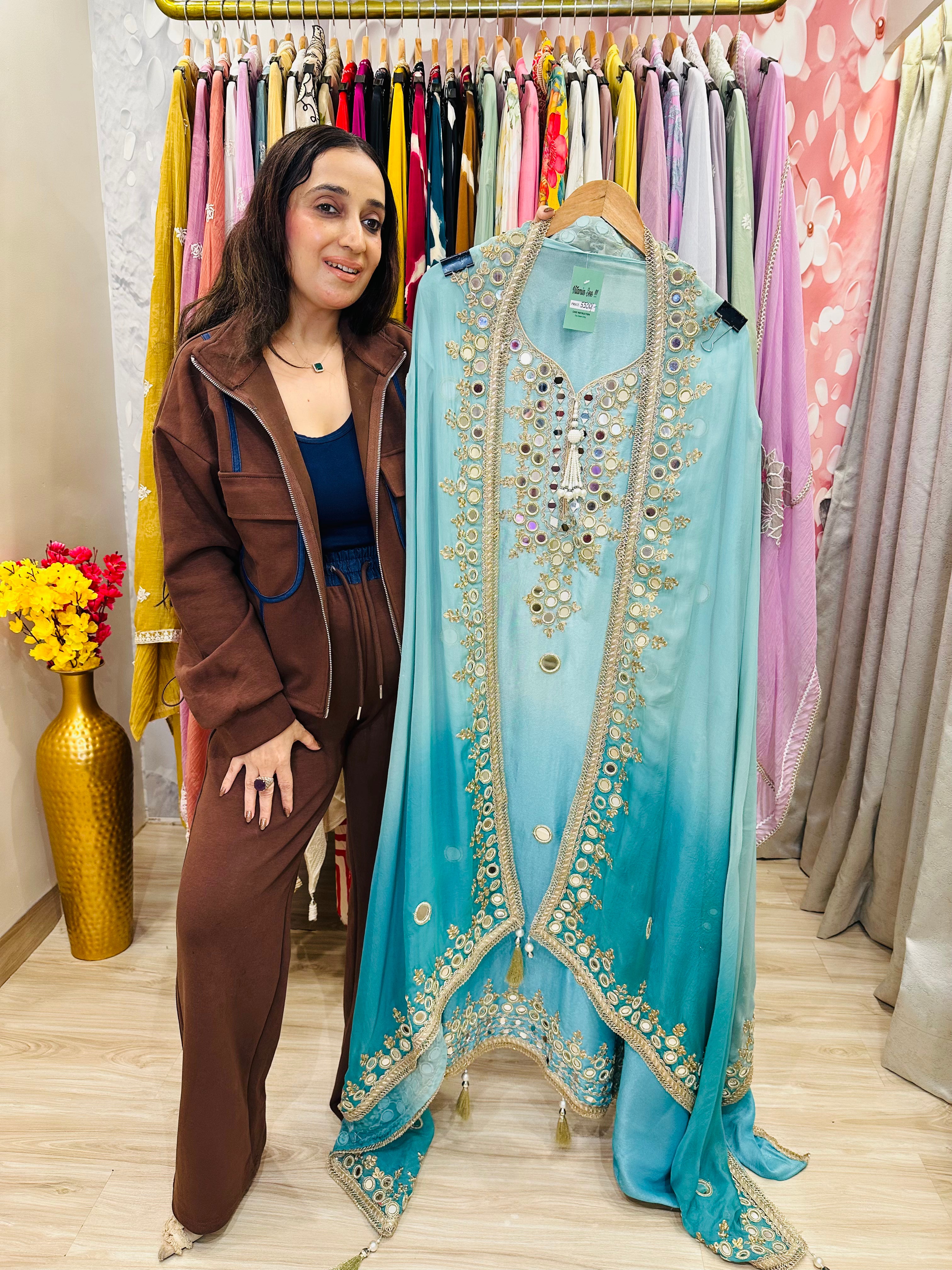 UNSTITCHED PURE TISSUE ORGANZA MIRROR WORK SUITS.