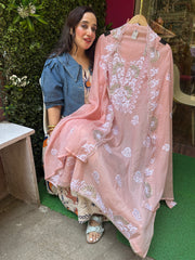 Unstitched PURE MULMUL CHANDERI PITA WORK THREAD WORK SUITS.