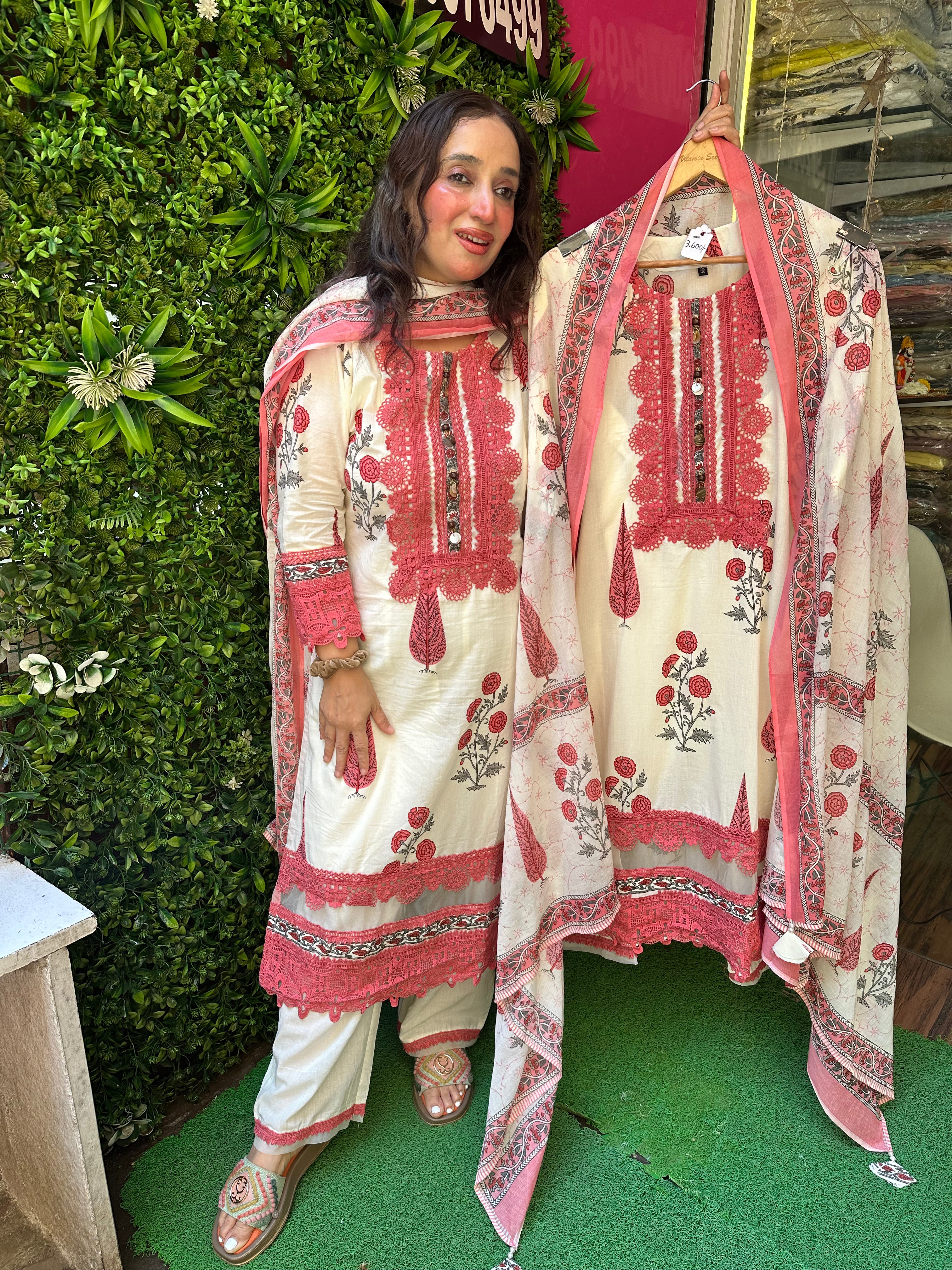 STITCHED PURE SOFT COTTON BLOCK PRINTING SUITS WITH LACES.