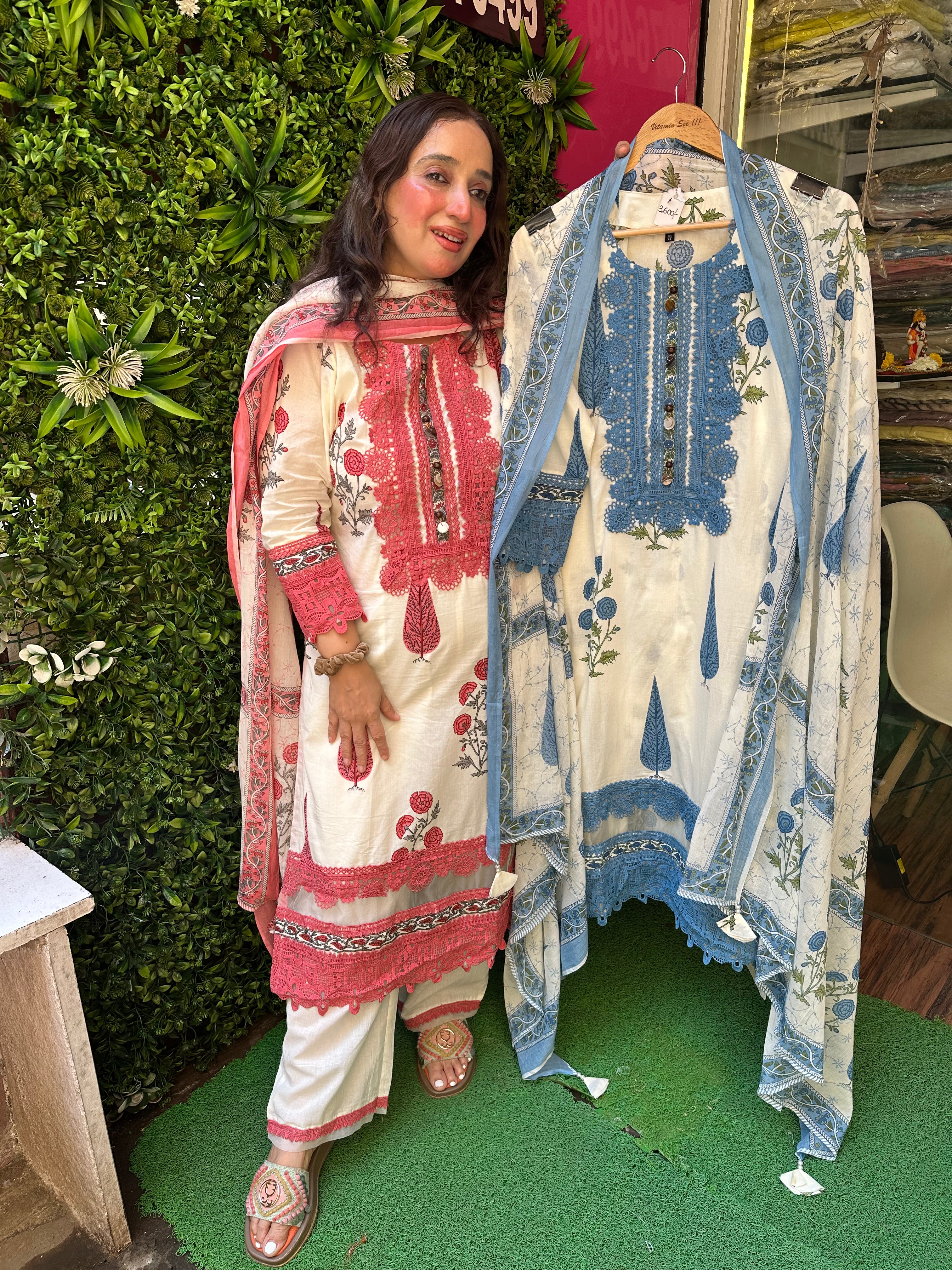 STITCHED PURE SOFT COTTON BLOCK PRINTING SUITS WITH LACES.