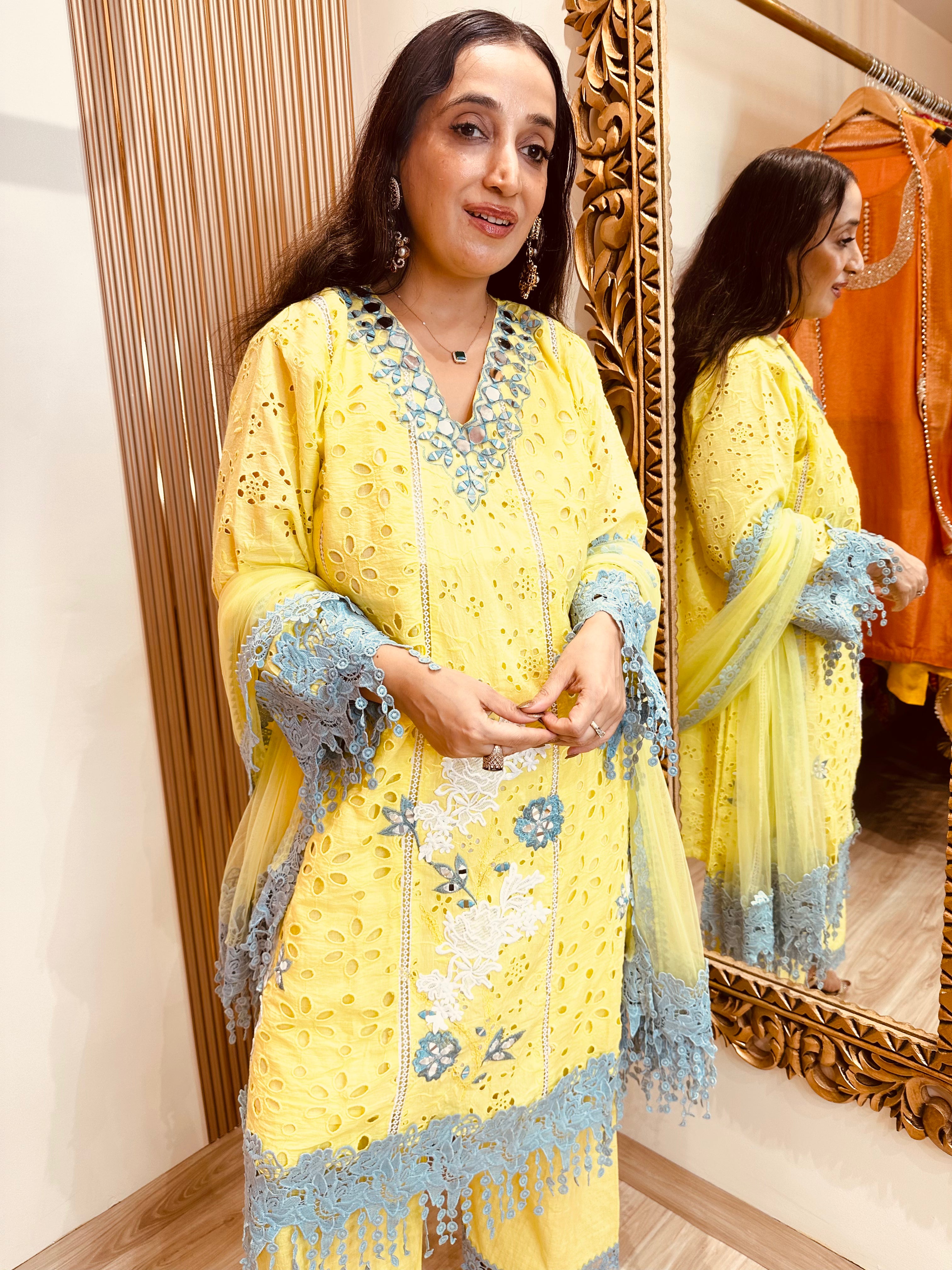 STITCHED PURE HAKOBA MIRROR WORK SUITS.