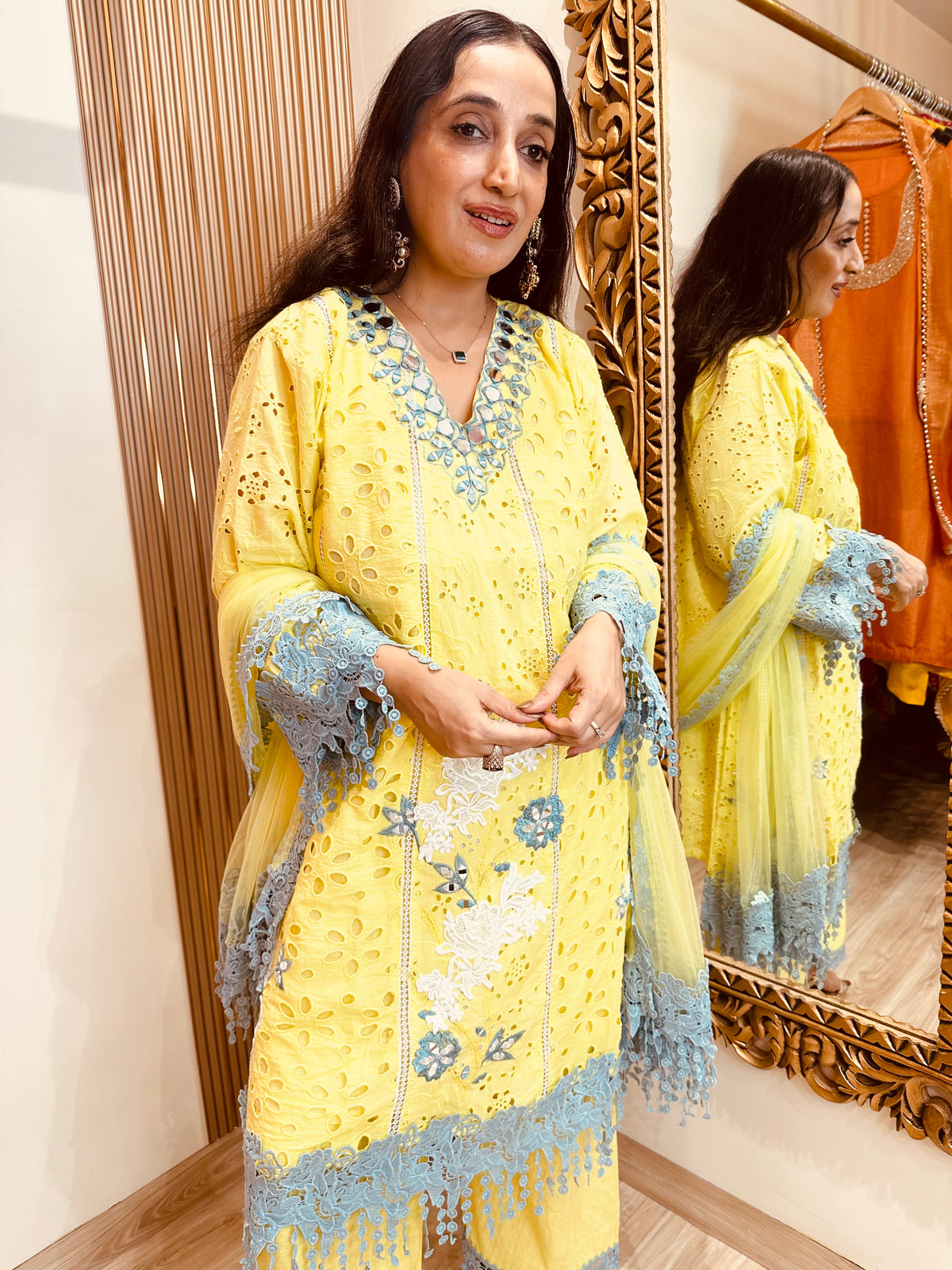 STITCHED PURE HAKOBA MIRROR WORK SUITS.