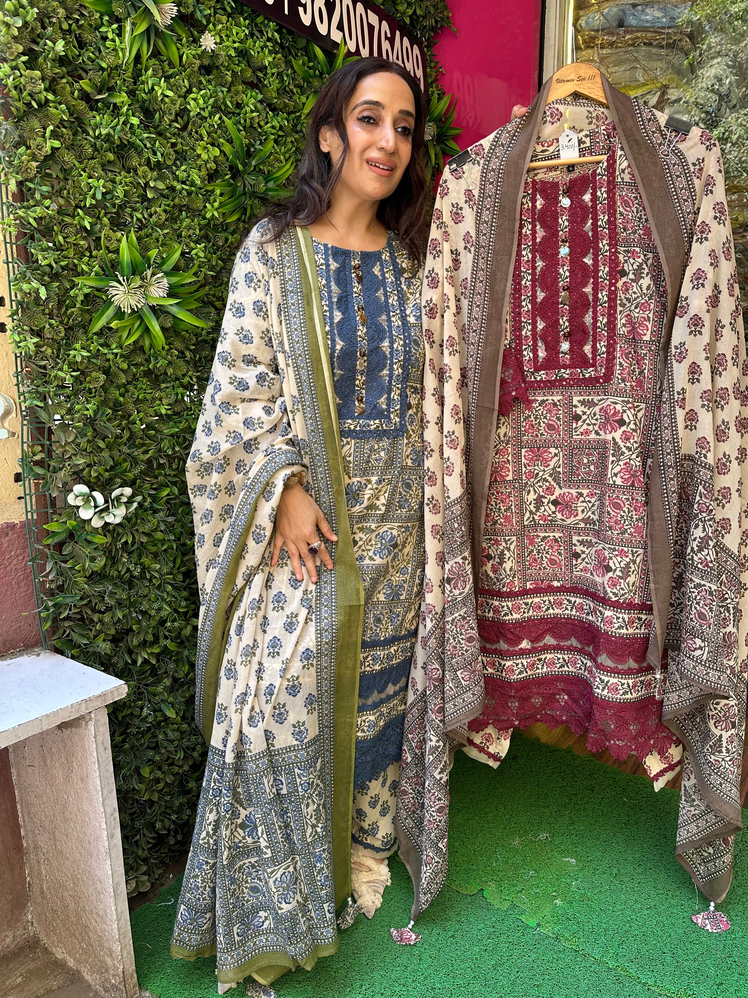 STITCHED PURE COTTON VINTAGE PRINTING SUITS WITH LACES.