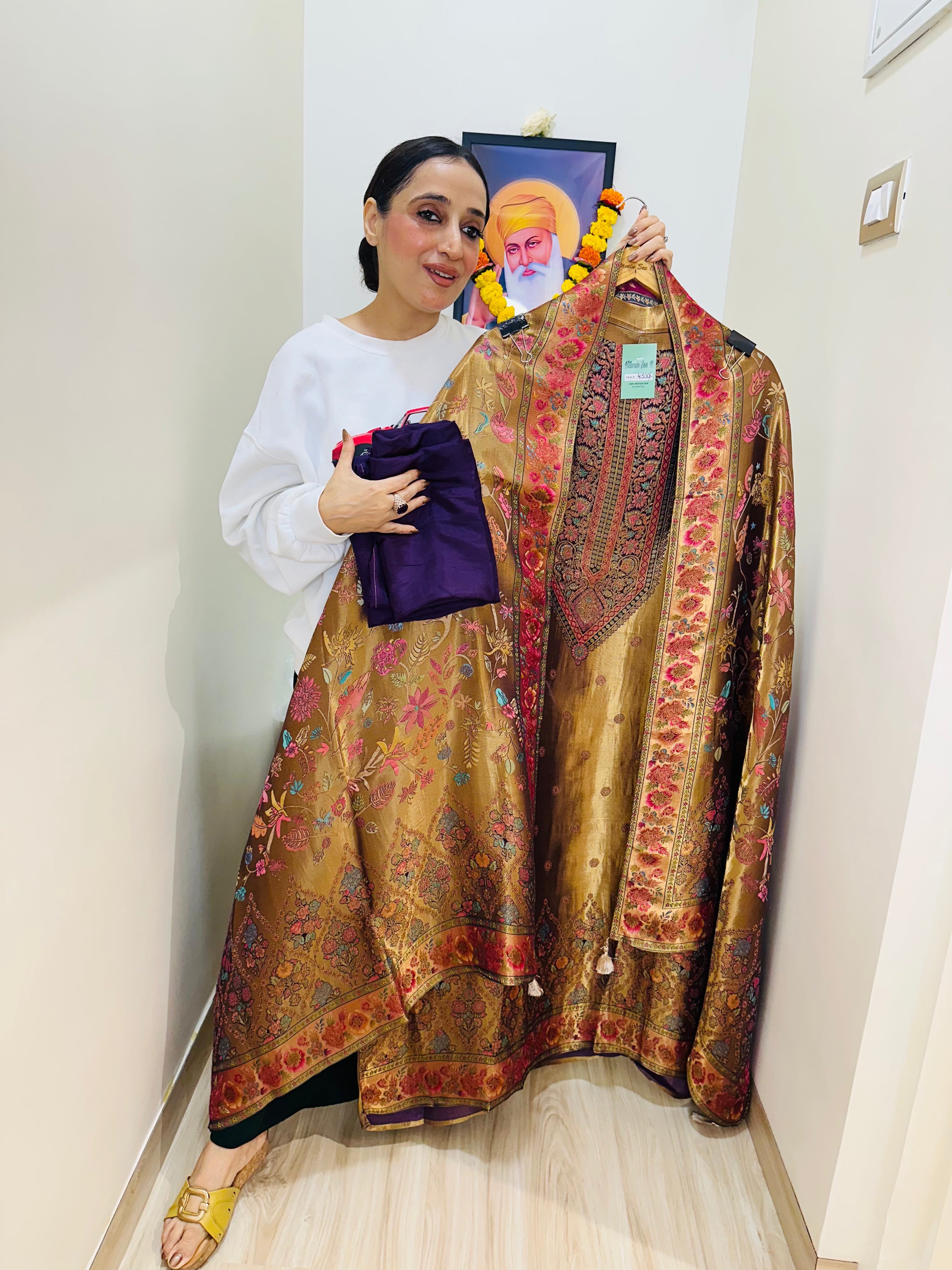 UNSTITCHED PURE SILK SUITS WITH MEENAKARI WEAVING .