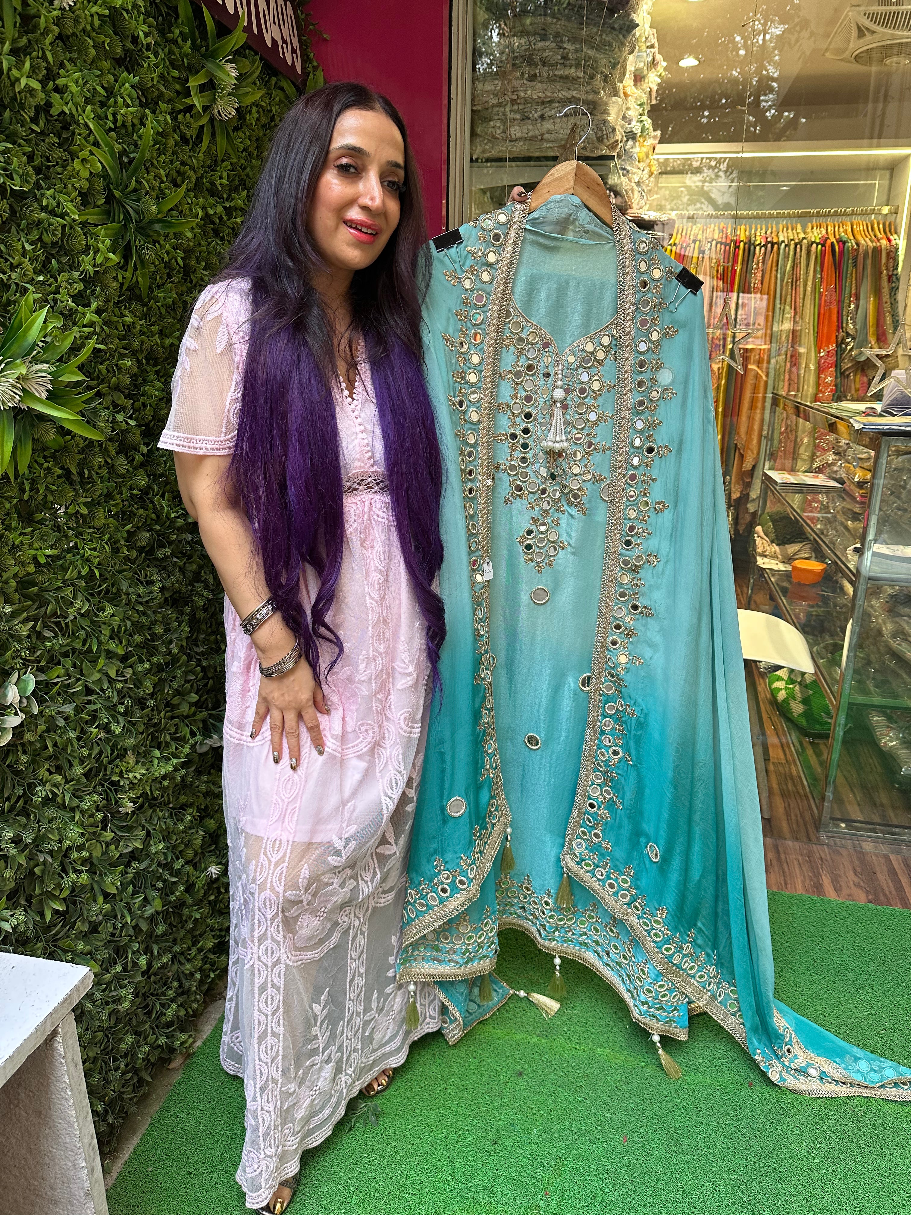 Pastel Pure Tissue Organza Original Mirror Work Suit
