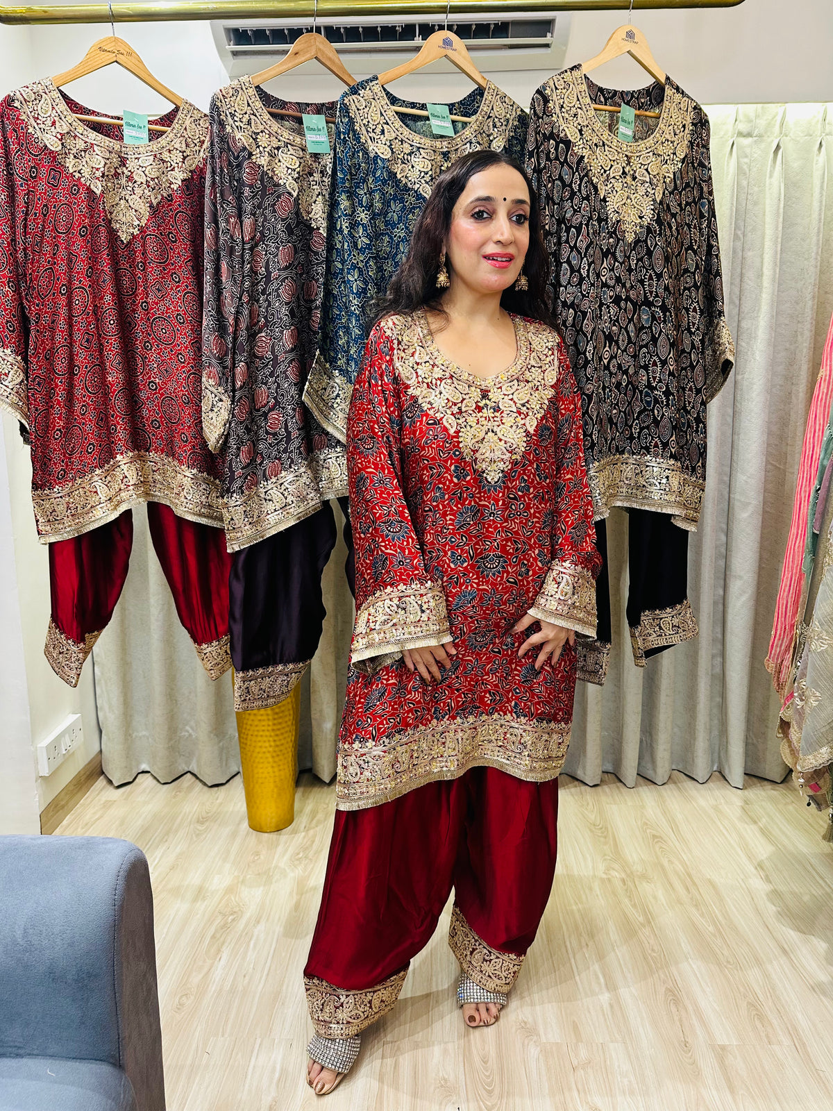 STITCHED AJRAK PRINTING CHOGA SETS WITH ZARDOZI ANTIQUE WORK WITH FARSHI SALWAR.
